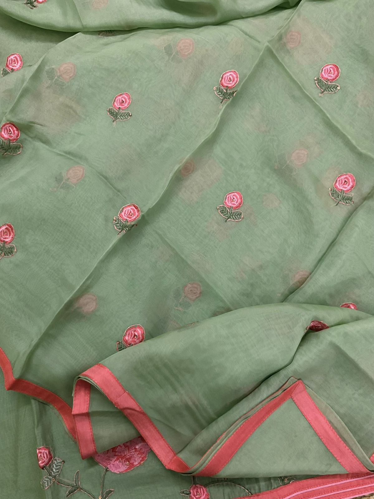 Pure Chanderi Embroidered Suit - Green