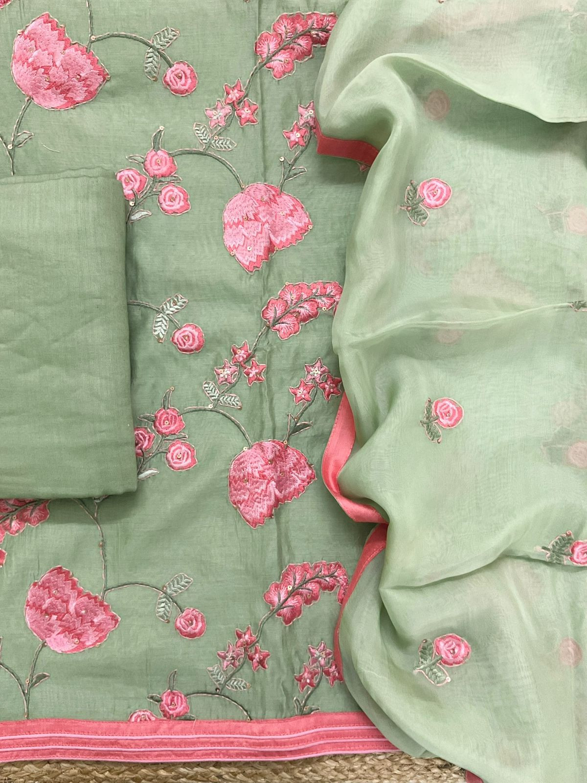 Pure Chanderi Embroidered Suit - Green