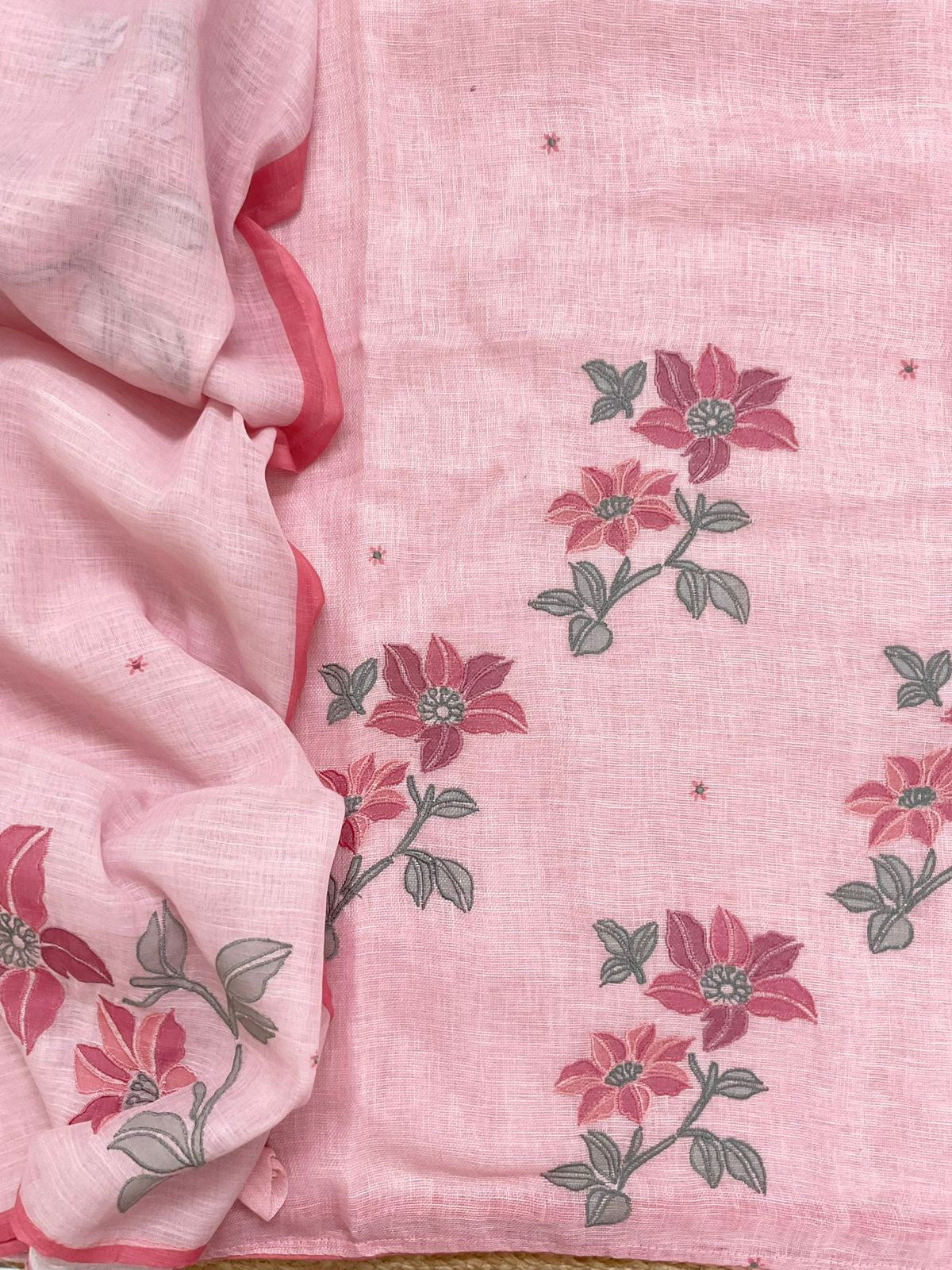 Soft Linen Jute Cotton Printed Embroidered Suit - Pink