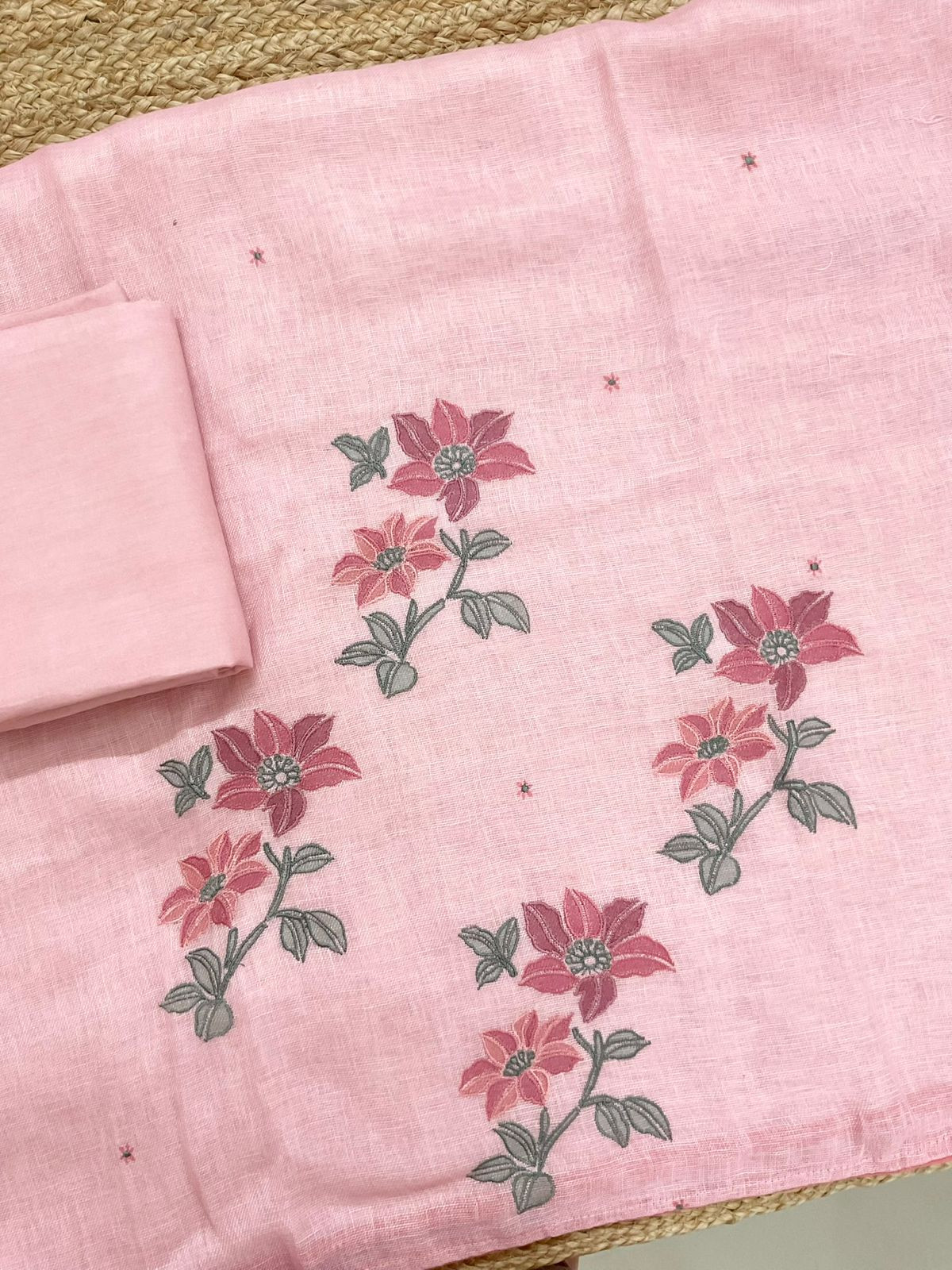 Soft Linen Jute Cotton Printed Embroidered Suit - Pink