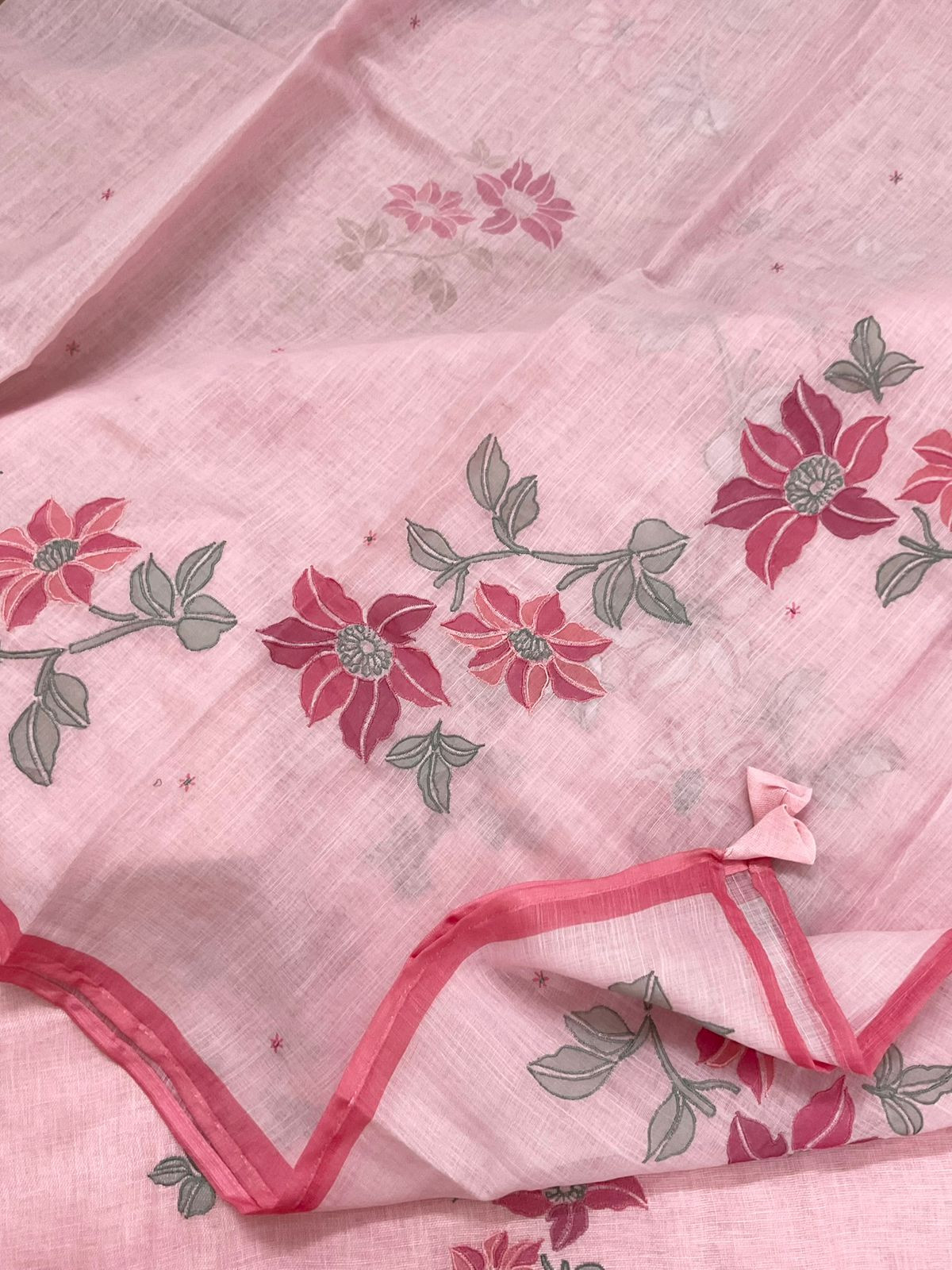 Soft Linen Jute Cotton Printed Embroidered Suit - Pink