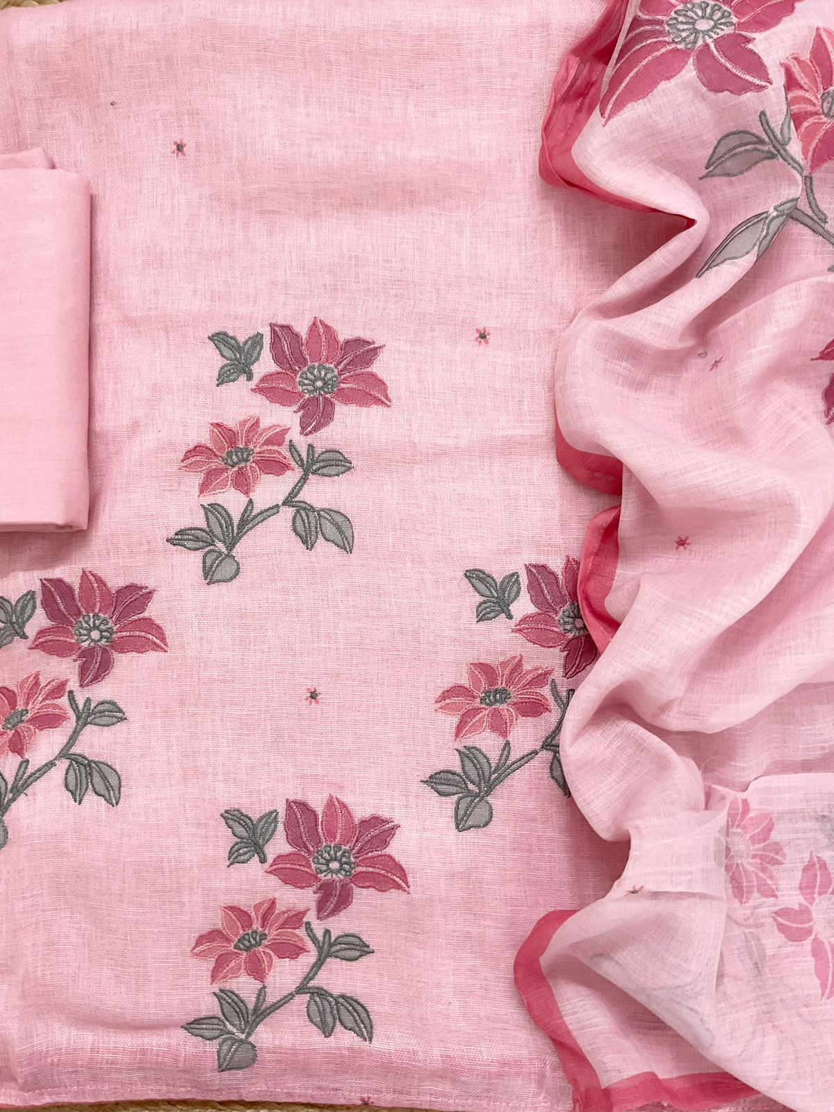 Soft Linen Jute Cotton Printed Embroidered Suit - Pink