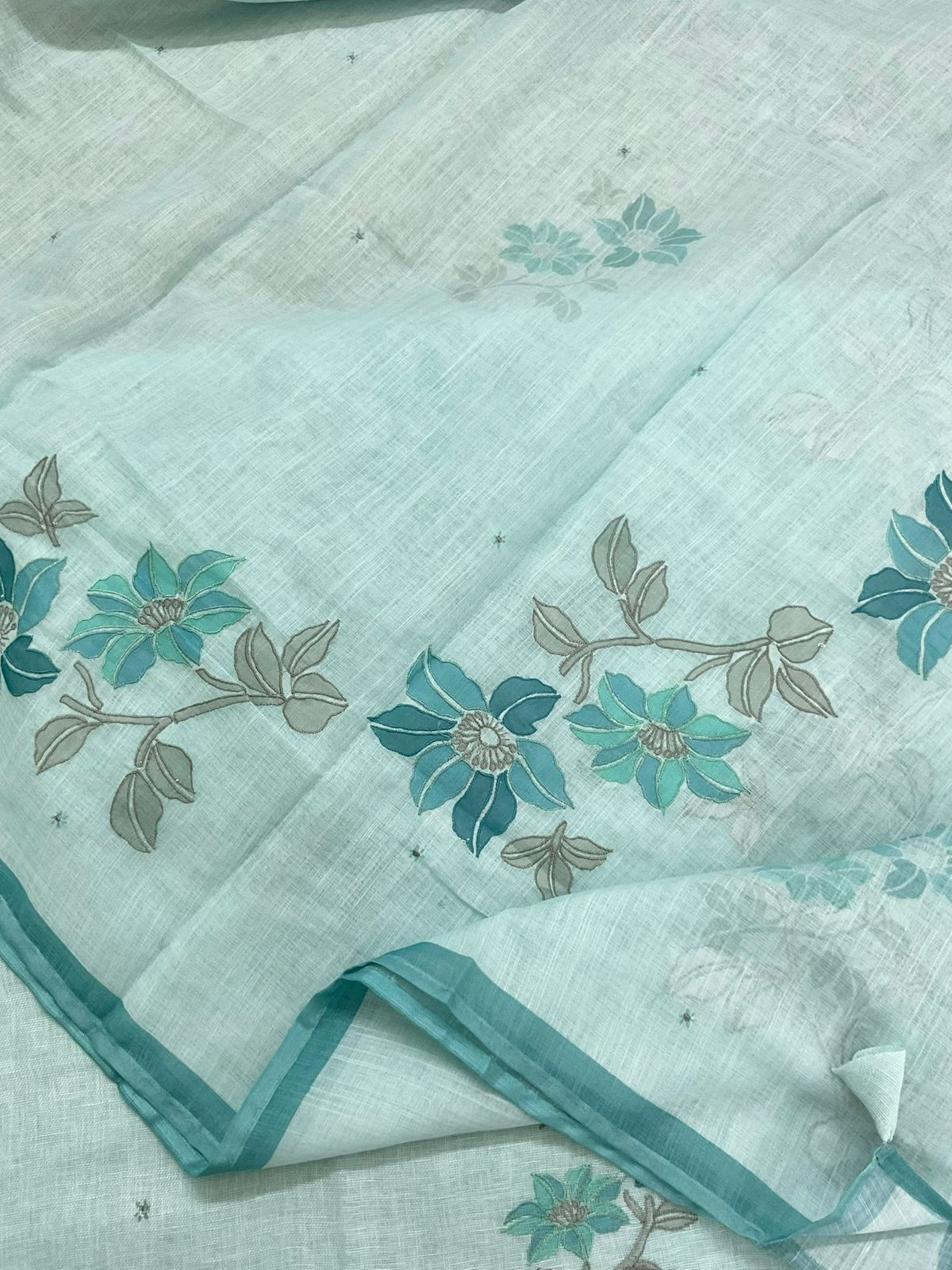 Soft Linen Jute Cotton Printed Embroidered Suit - Blue