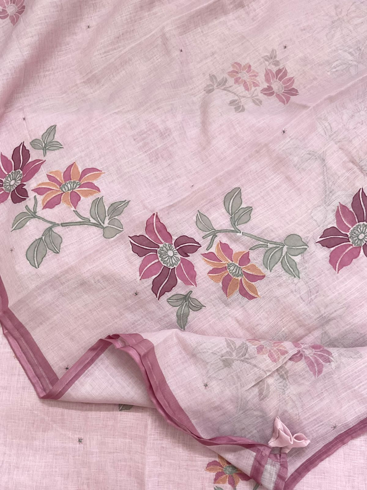 Soft Linen Jute Cotton Printed Embroidered Suit - Lavender