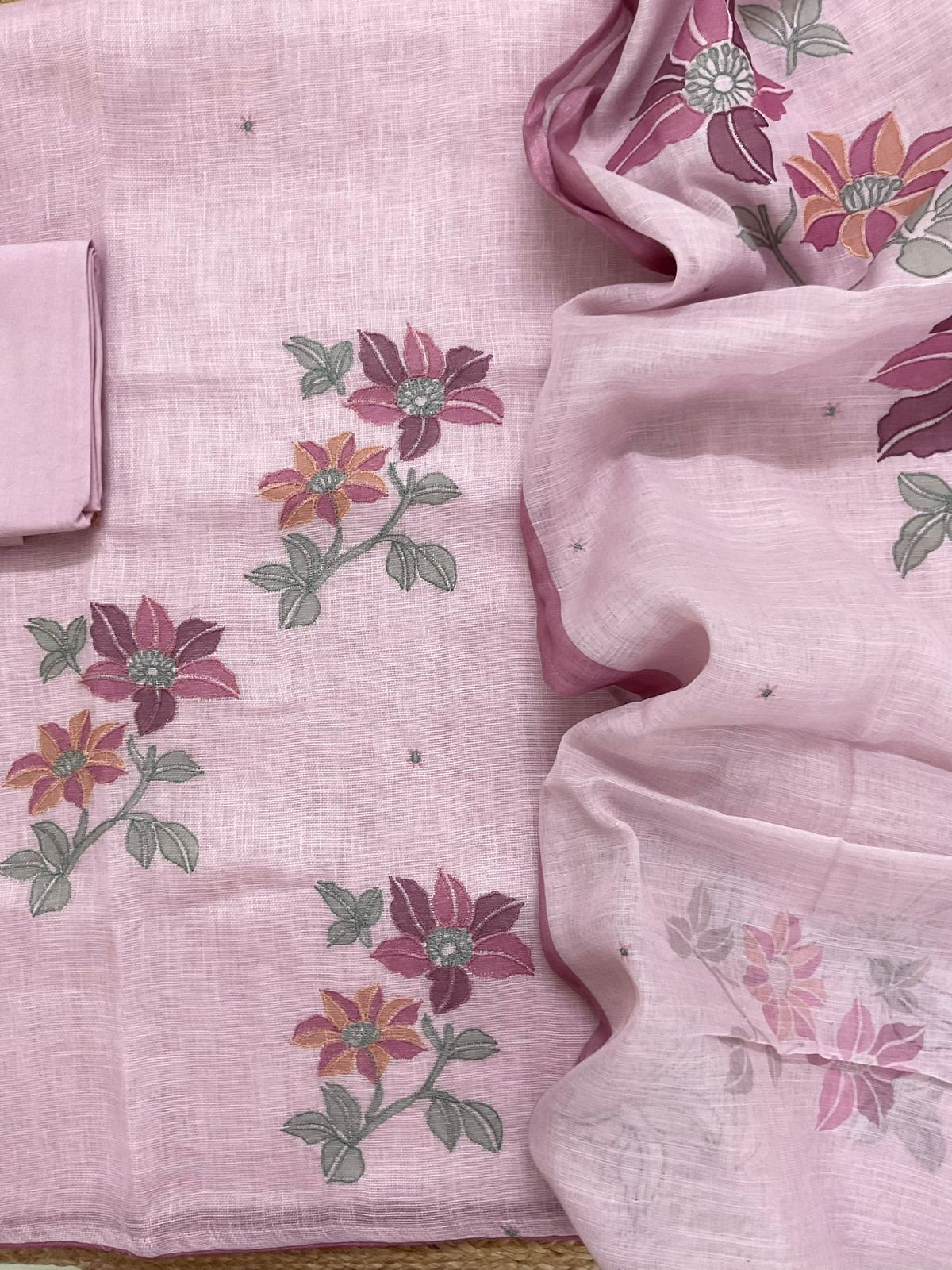 Soft Linen Jute Cotton Printed Embroidered Suit - Lavender