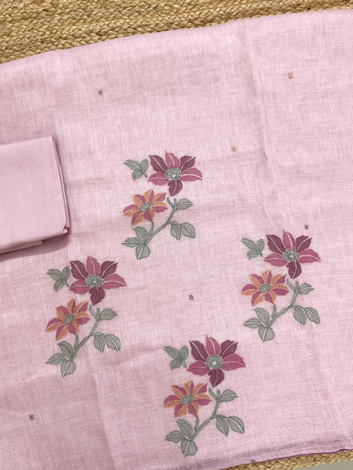 Soft Linen Jute Cotton Printed Embroidered Suit - Lavender