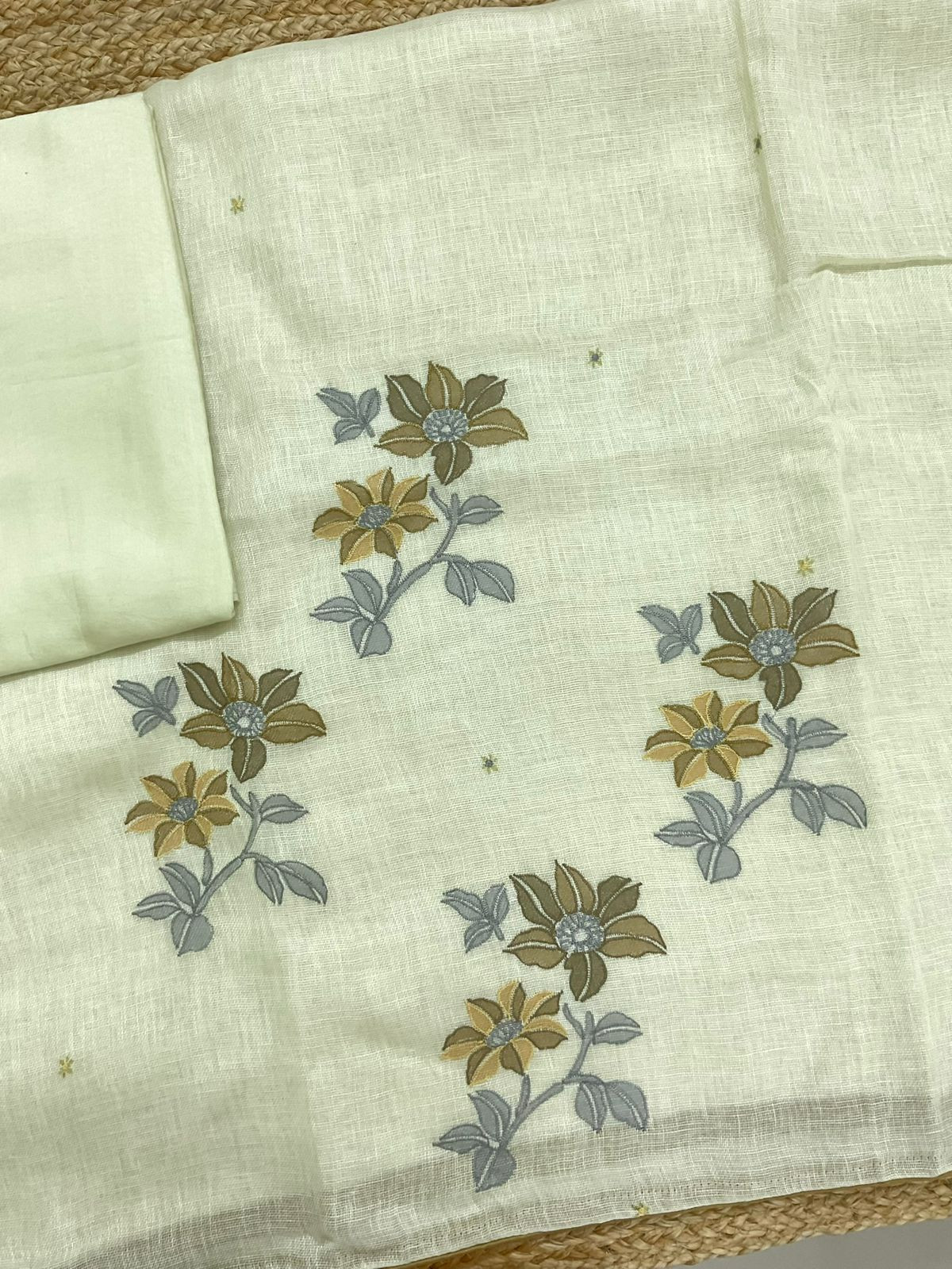 Soft Linen Jute Cotton Printed Embroidered Suit - Yellow
