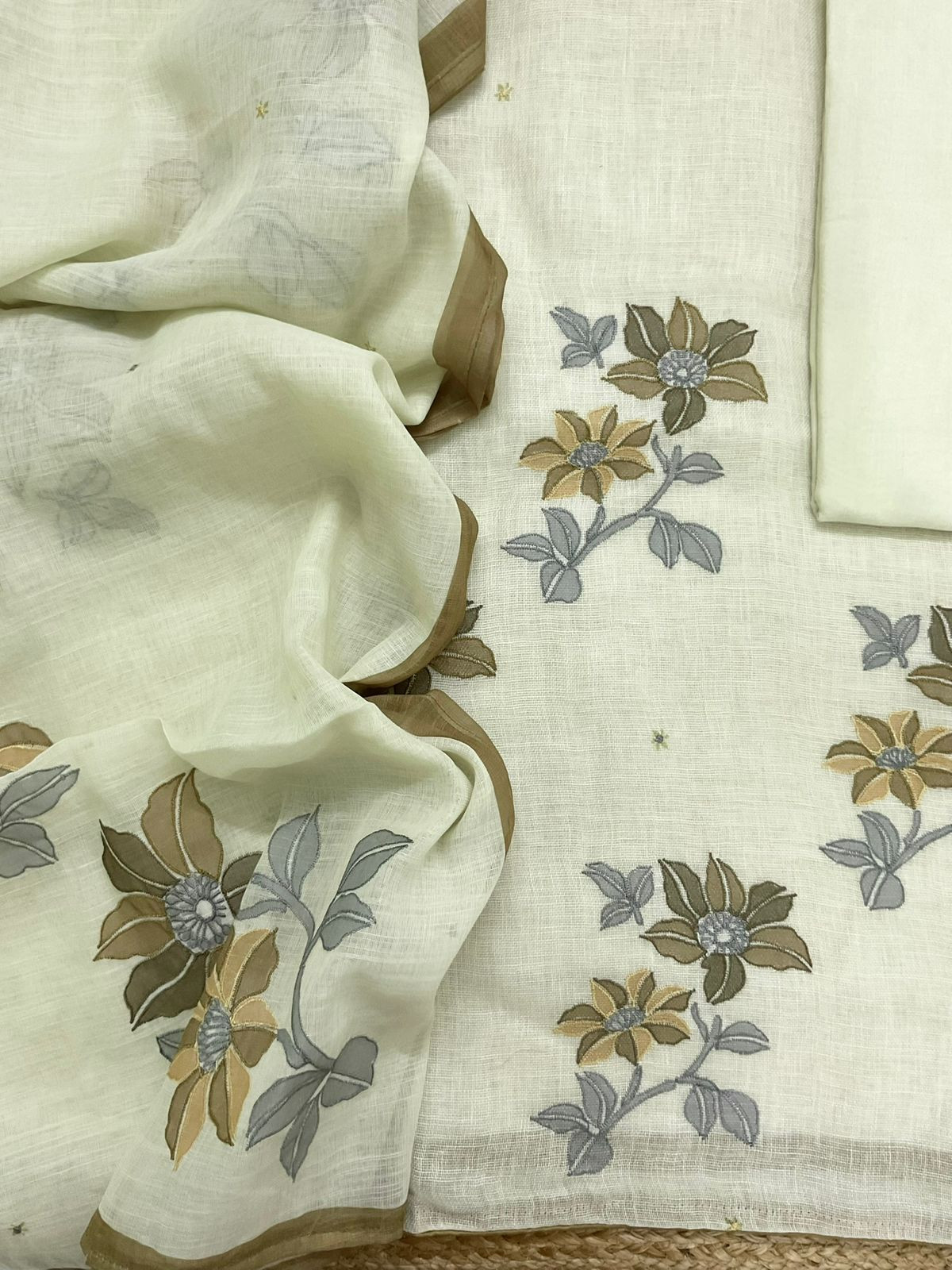 Soft Linen Jute Cotton Printed Embroidered Suit - Yellow