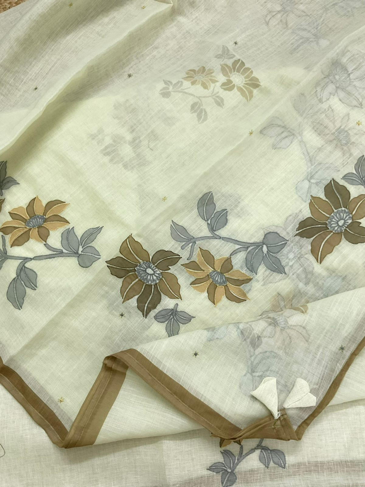 Soft Linen Jute Cotton Printed Embroidered Suit - Yellow