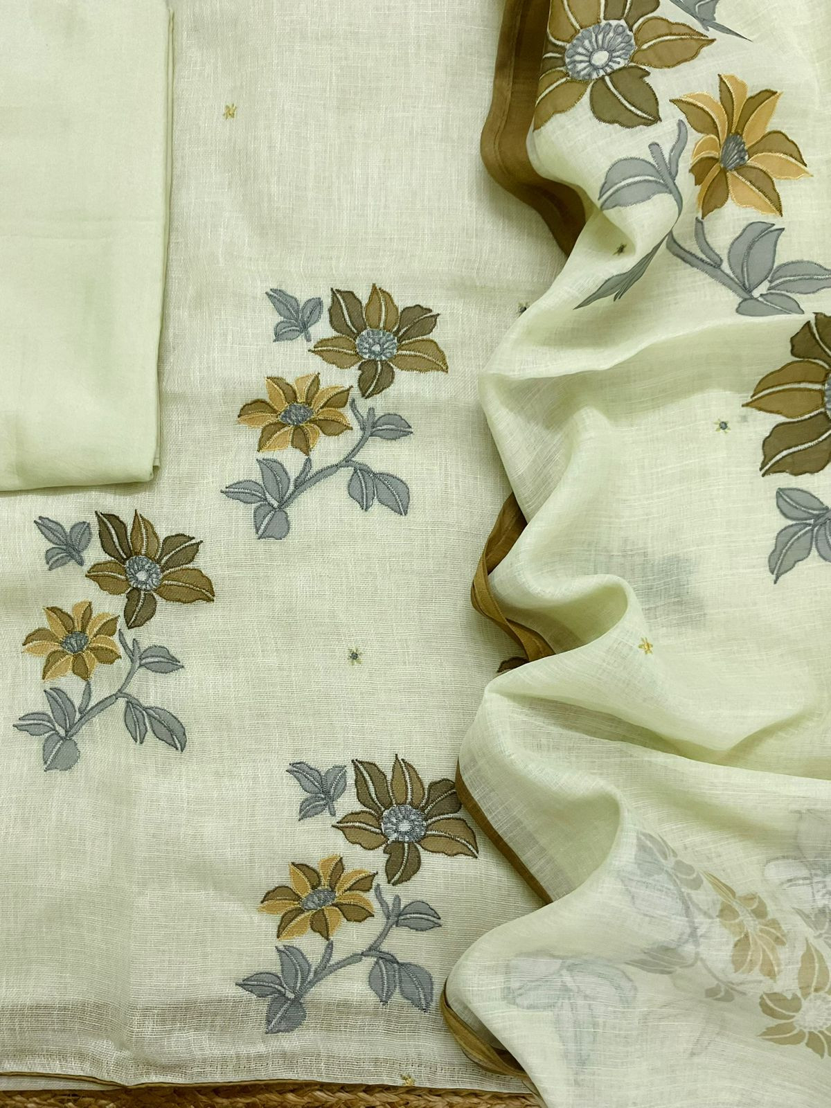 Soft Linen Jute Cotton Printed Embroidered Suit - Yellow