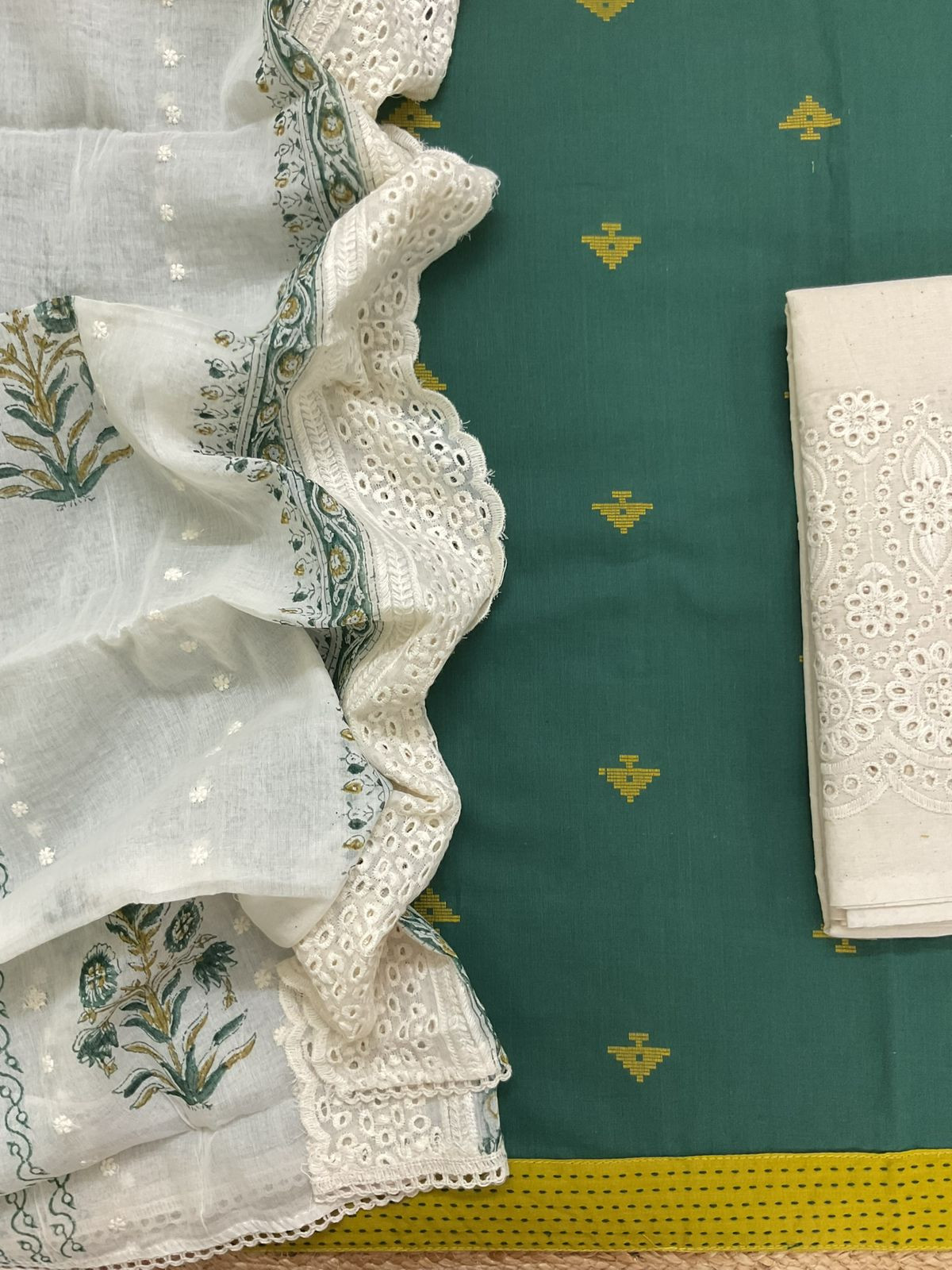 Pure Handloom Cotton Self Weaved Printed Embroidered Suit - Green