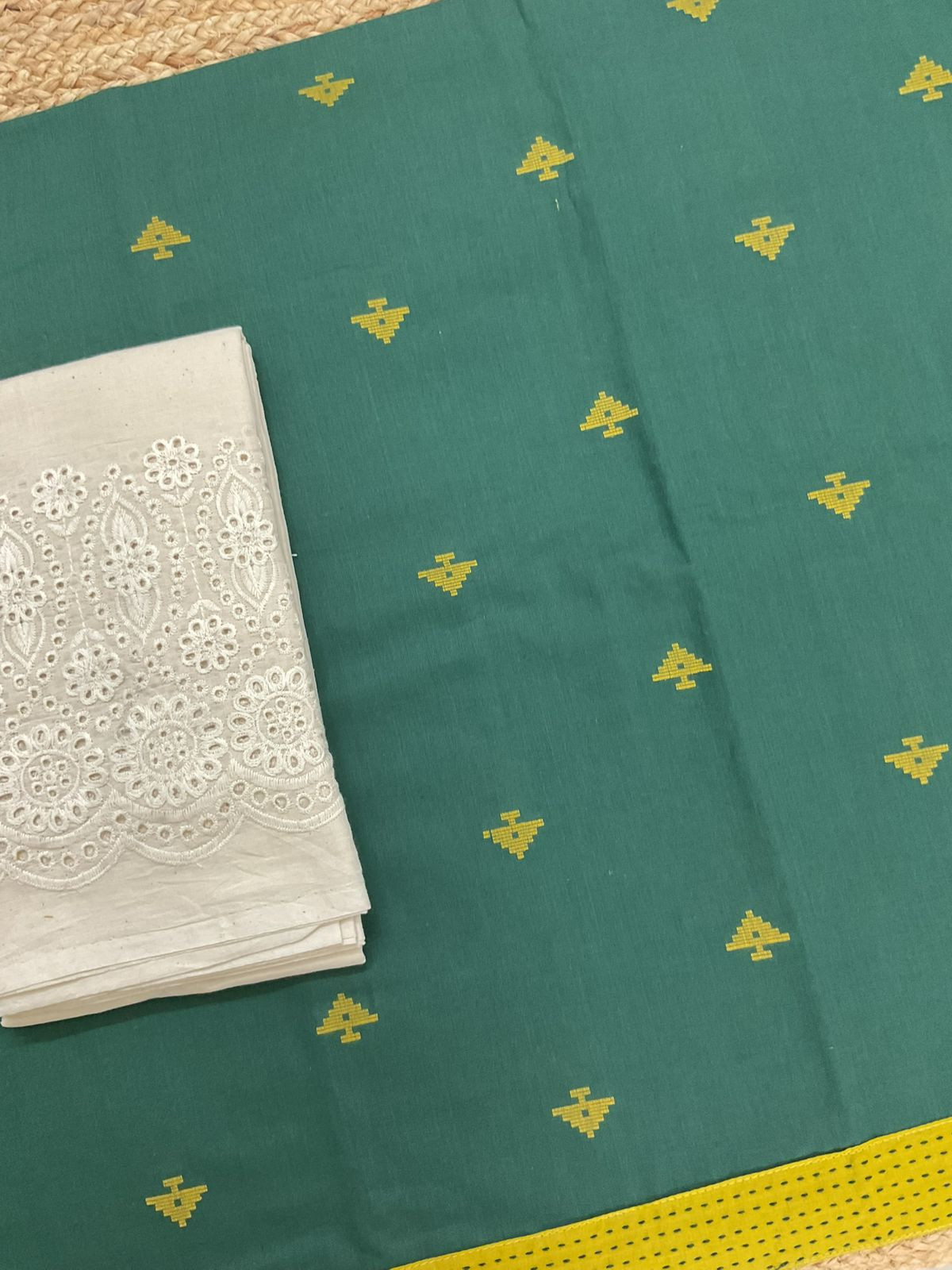 Pure Handloom Cotton Self Weaved Printed Embroidered Suit - Green