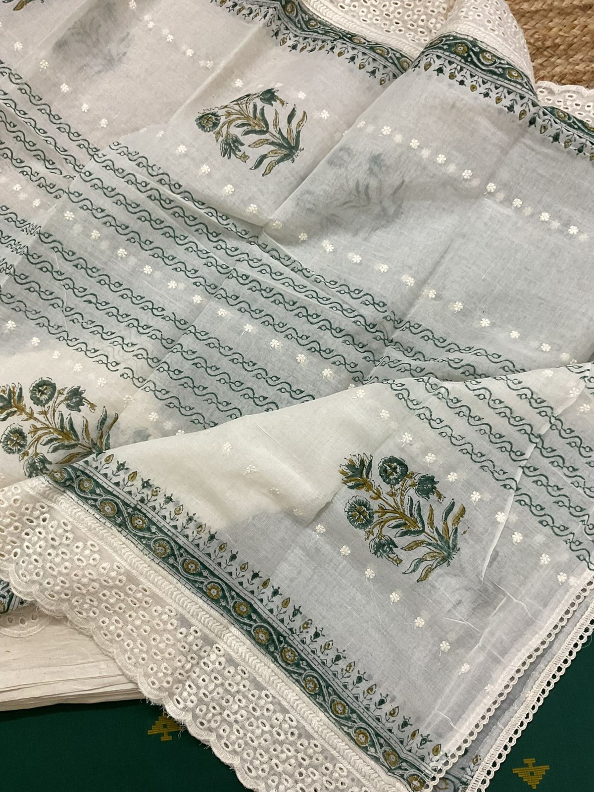 Pure Handloom Cotton Self Weaved Printed Embroidered Suit - Green