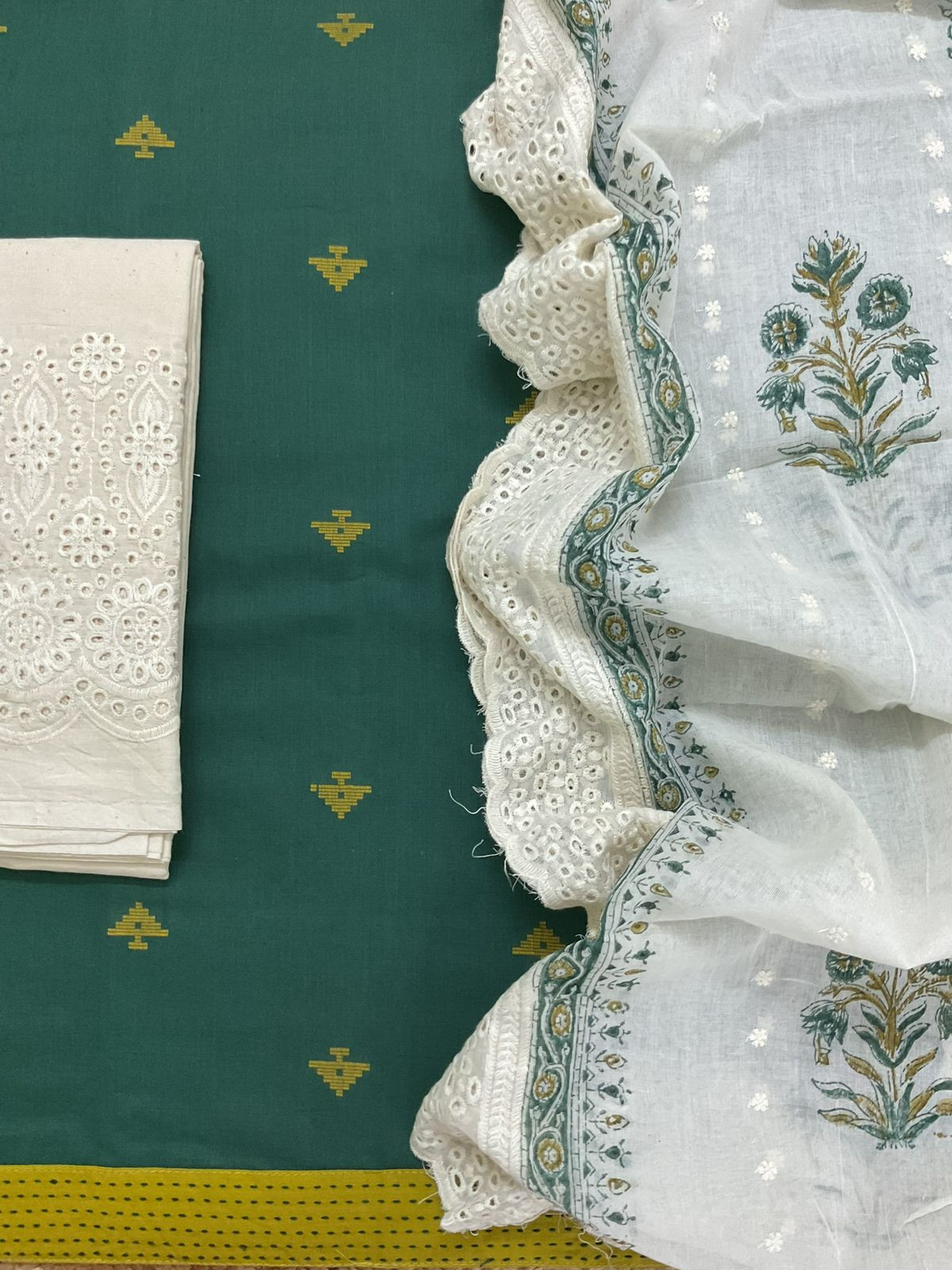 Pure Handloom Cotton Self Weaved Printed Embroidered Suit - Green