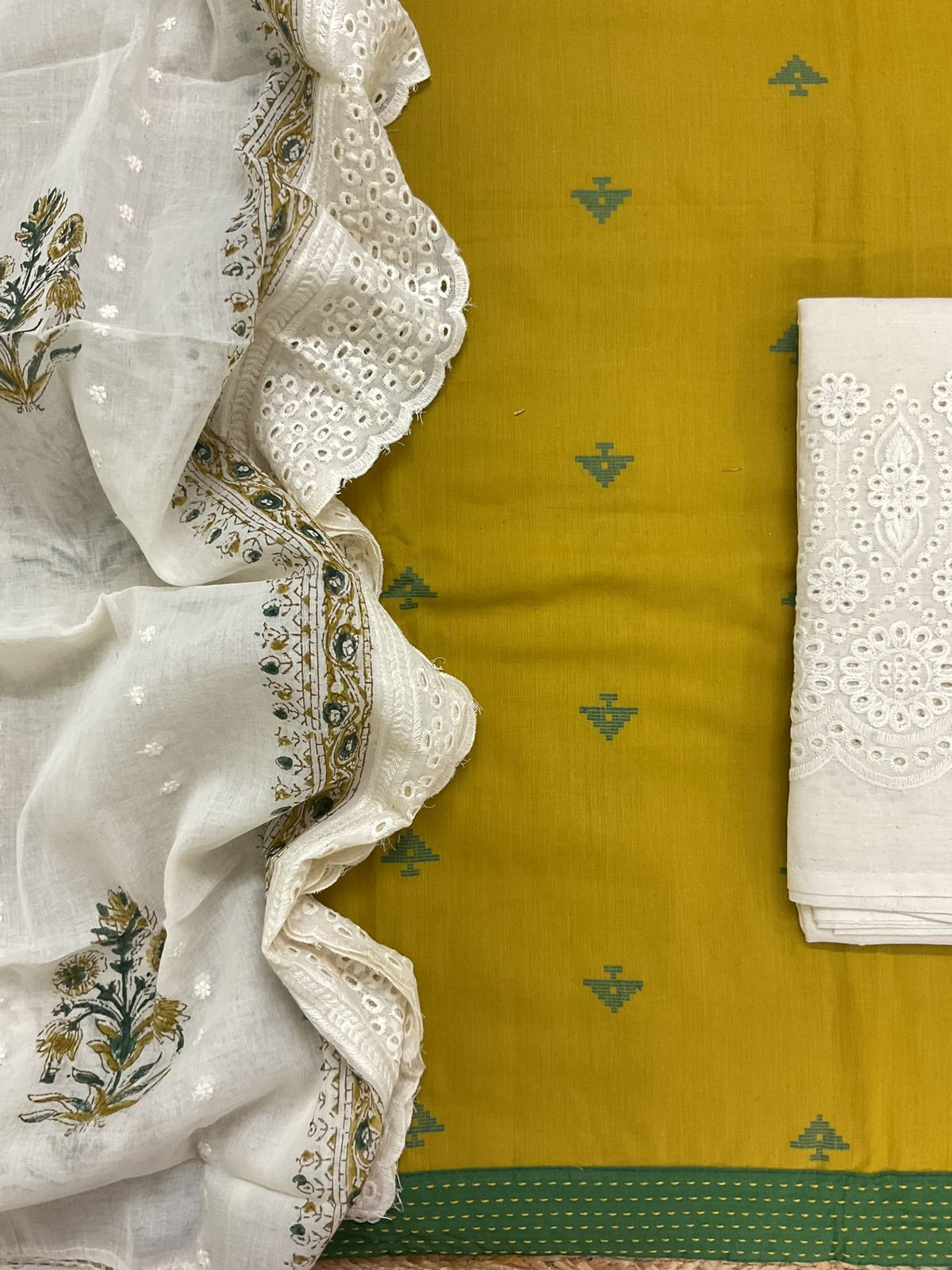 Pure Handloom Cotton Self Weaved Printed Embroidered Suit - Mustard