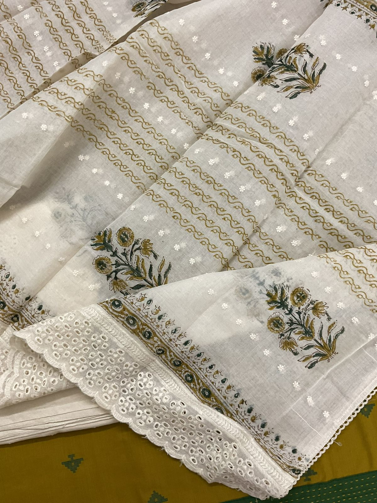 Pure Handloom Cotton Self Weaved Printed Embroidered Suit - Mustard