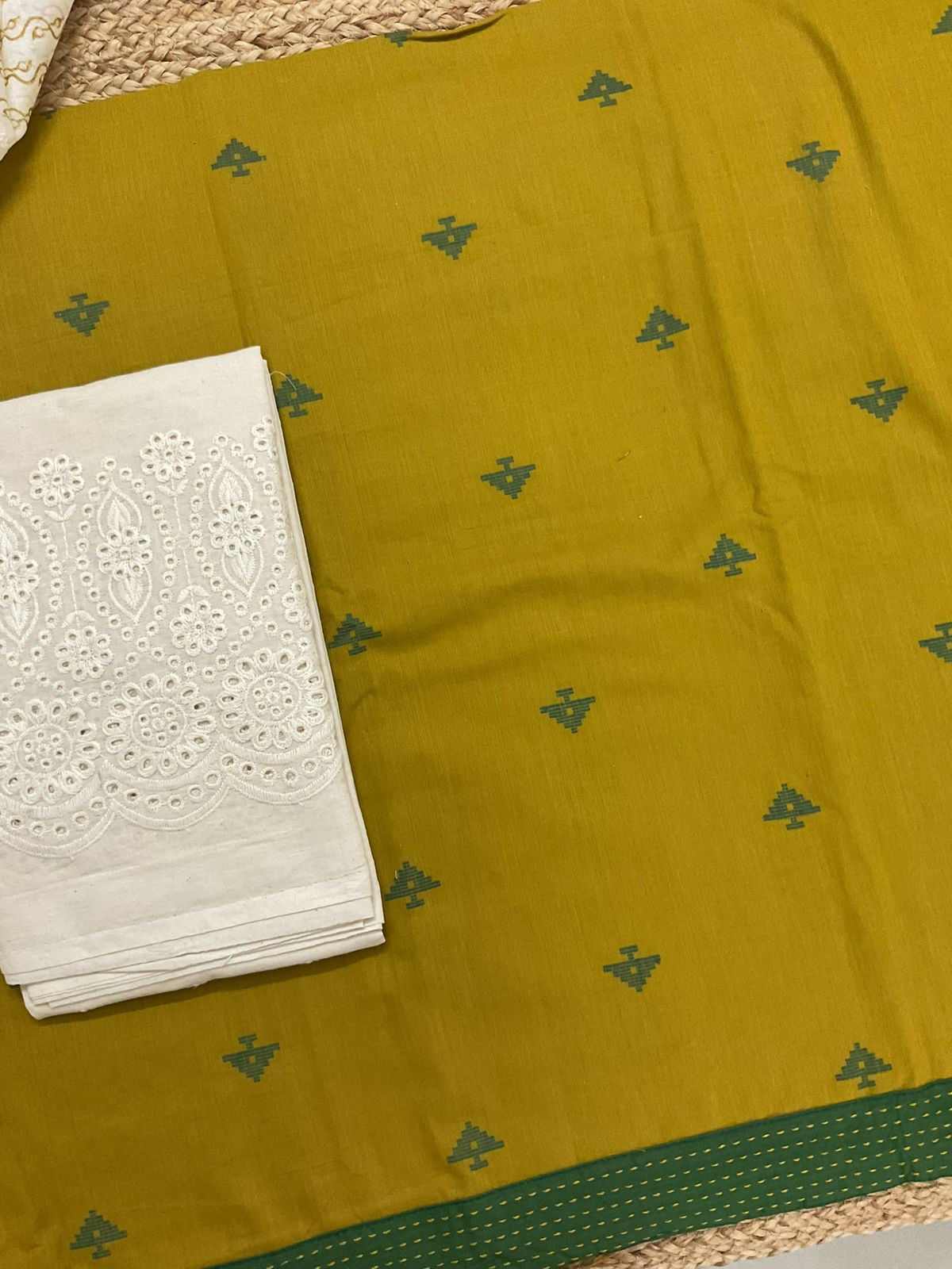 Pure Handloom Cotton Self Weaved Printed Embroidered Suit - Mustard