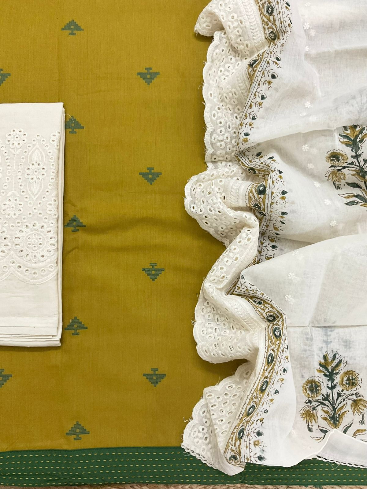 Pure Handloom Cotton Self Weaved Printed Embroidered Suit - Mustard