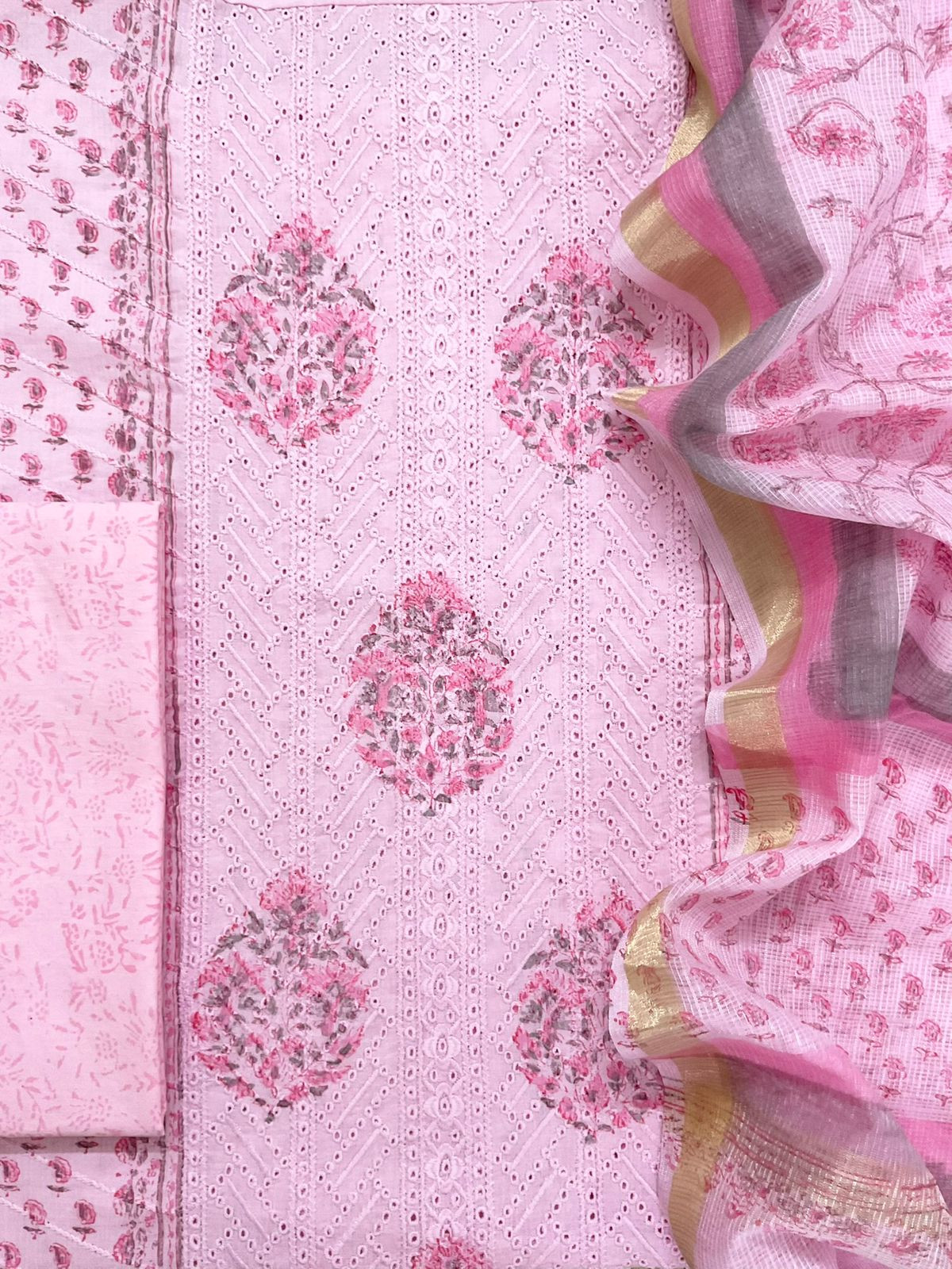 Pure Cotton Printed Embroidered Suit - Pink