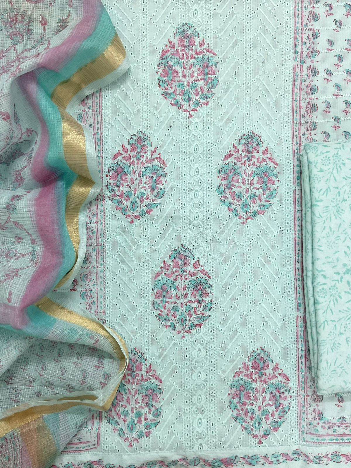 Pure Cotton Printed Embroidered Suit - Blue