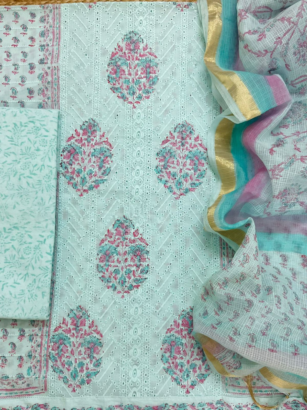 Pure Cotton Printed Embroidered Suit - Blue