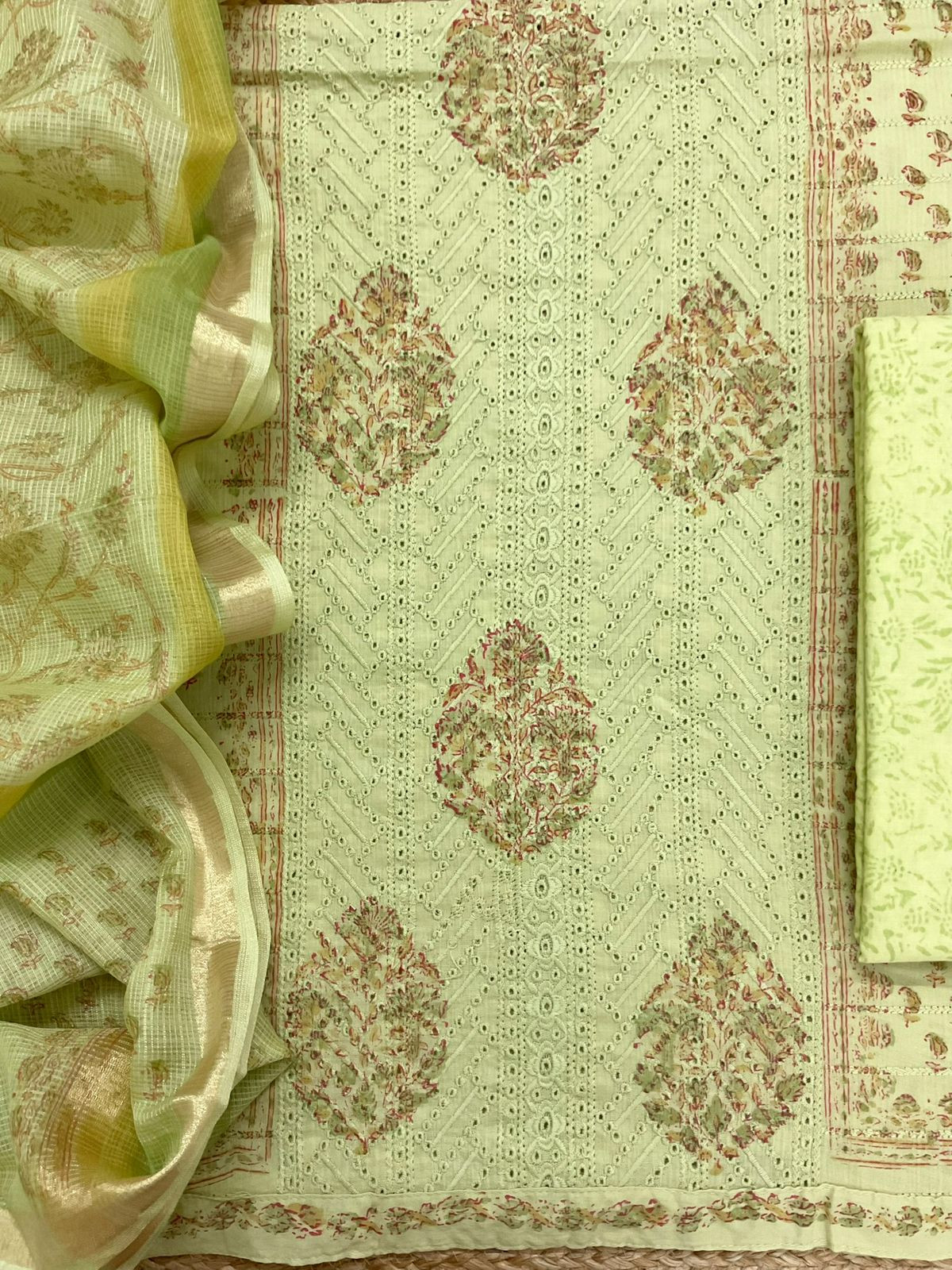 Pure Cotton Printed Embroidered Suit - Green