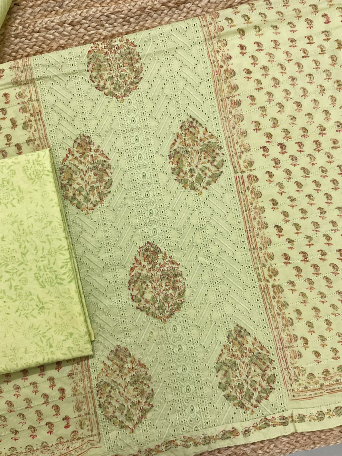 Pure Cotton Printed Embroidered Suit - Green