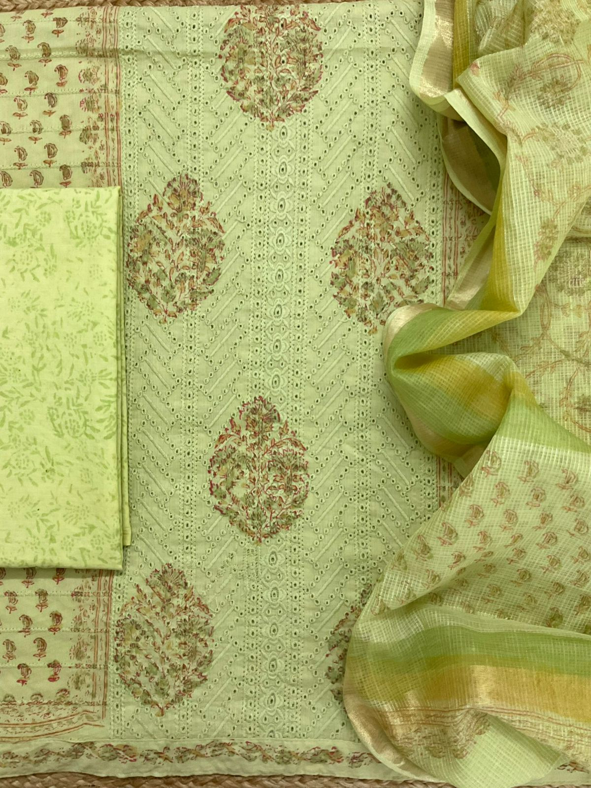 Pure Cotton Printed Embroidered Suit - Green