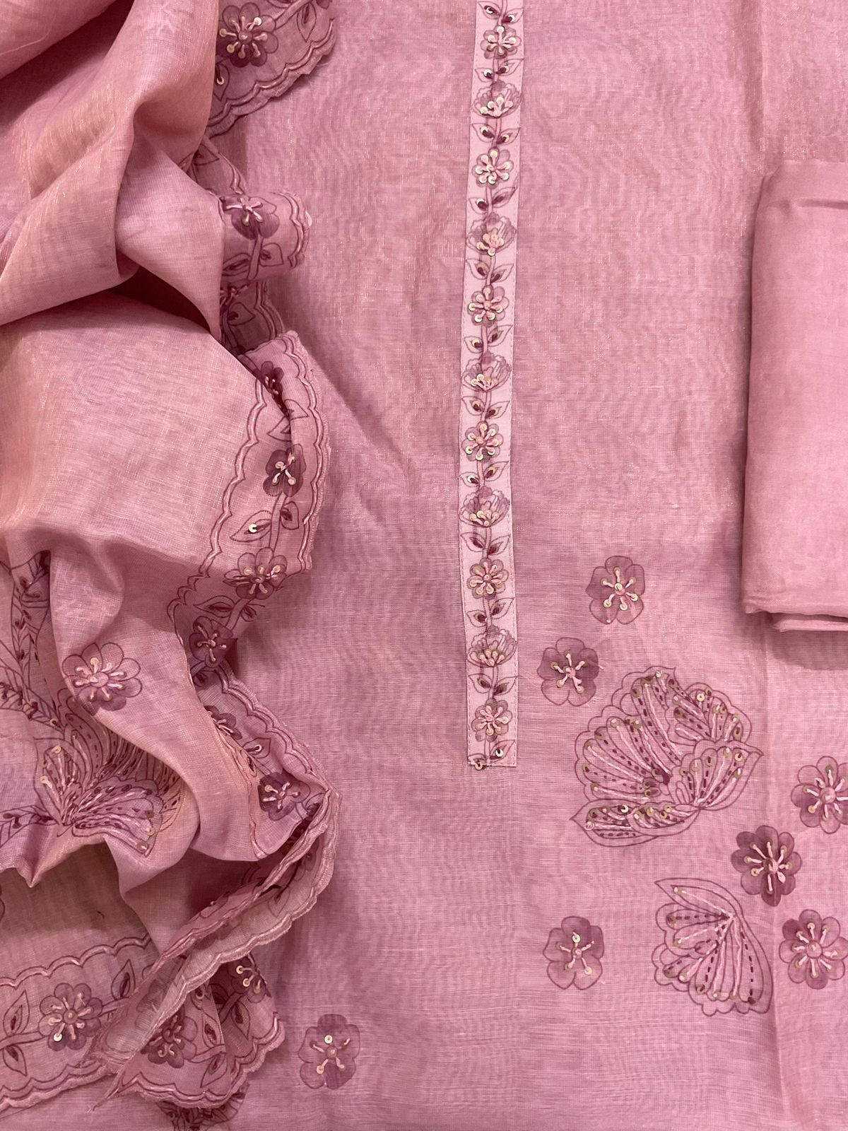 Soft Tissue Slub Cotton Printed Embroidered Suit - Onion Pink
