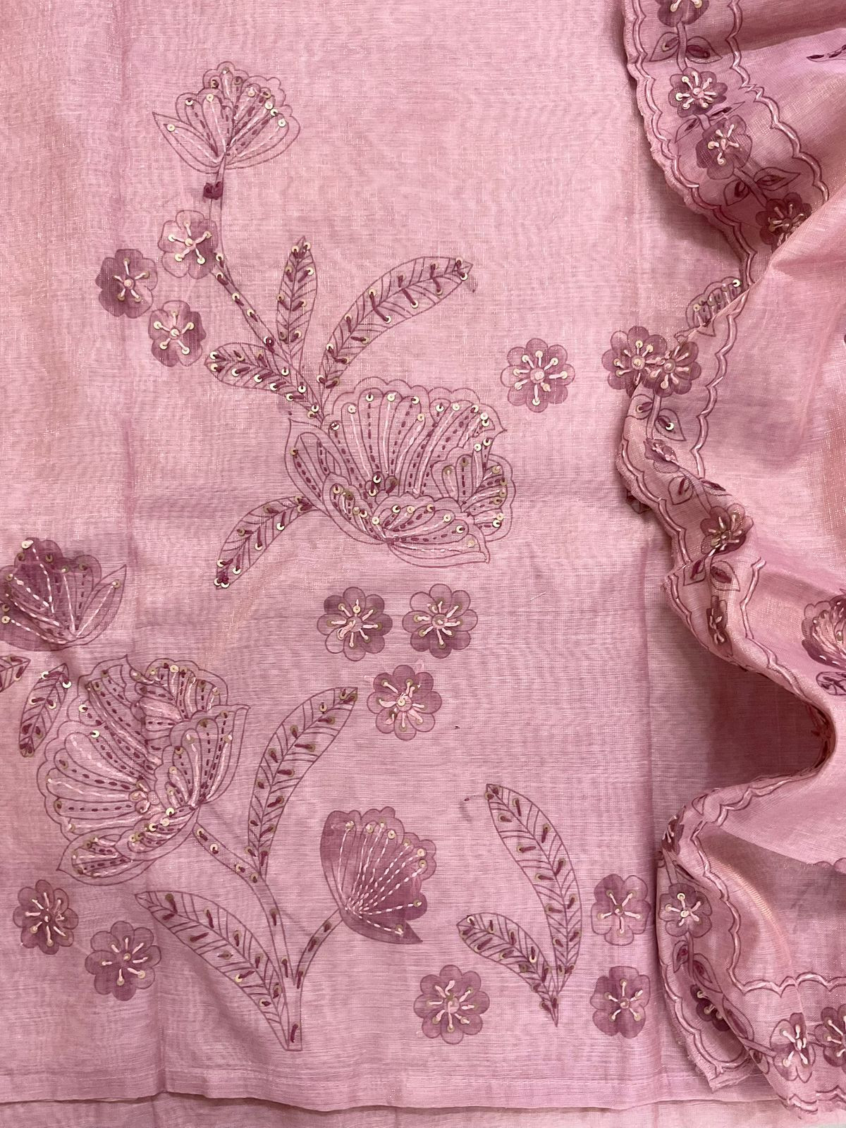 Soft Tissue Slub Cotton Printed Embroidered Suit - Onion Pink