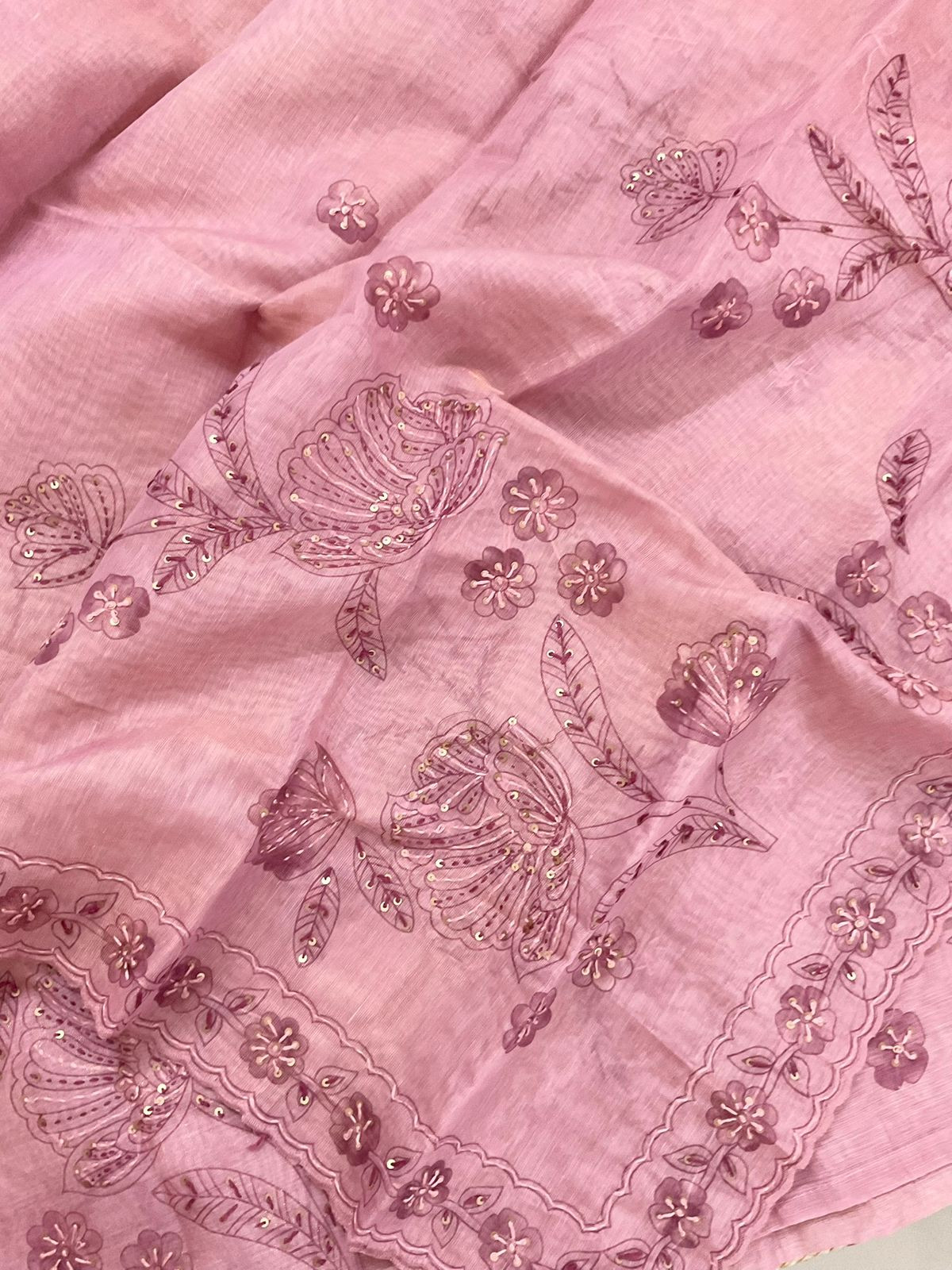 Soft Tissue Slub Cotton Printed Embroidered Suit - Onion Pink