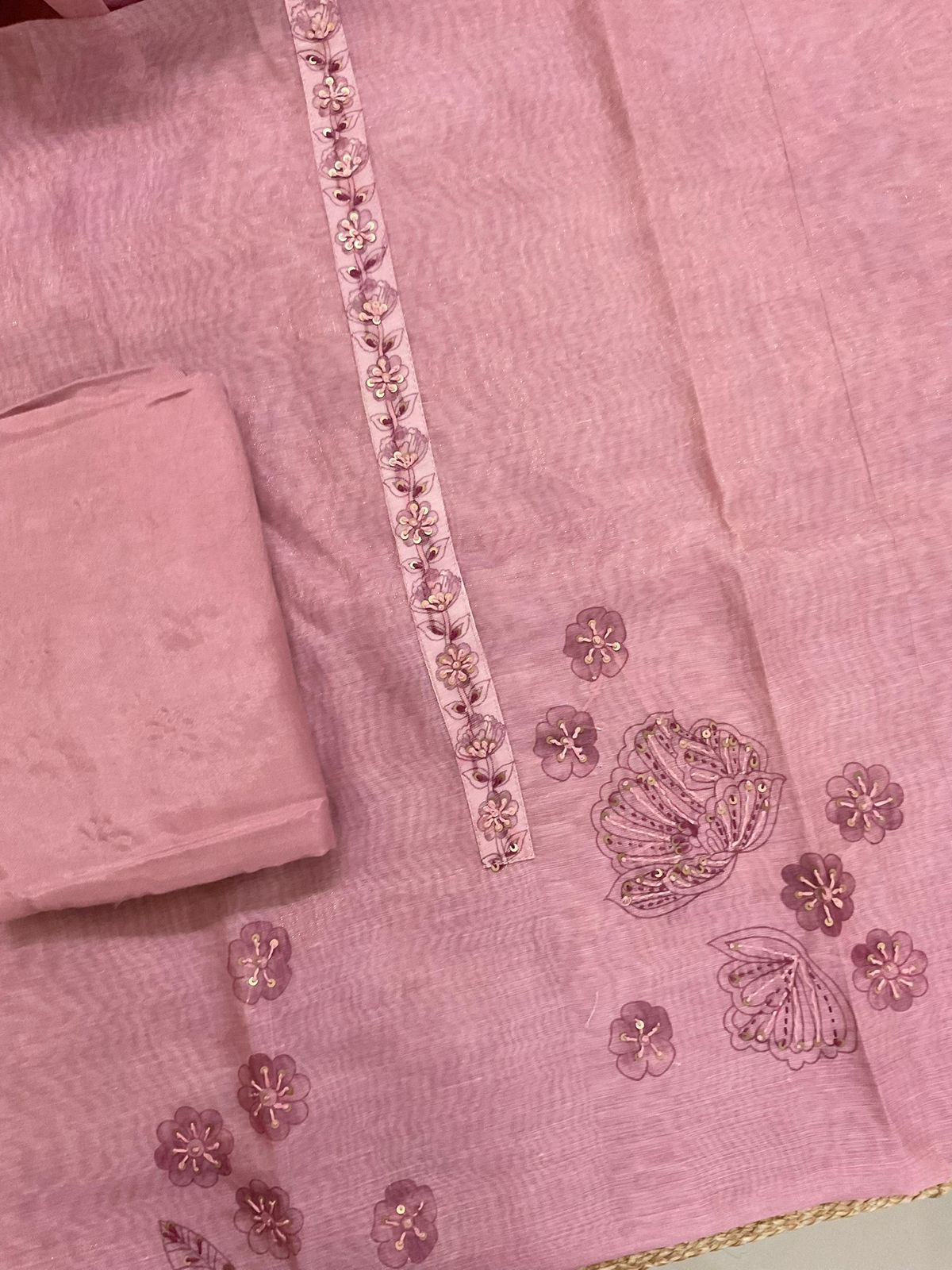 Soft Tissue Slub Cotton Printed Embroidered Suit - Onion Pink