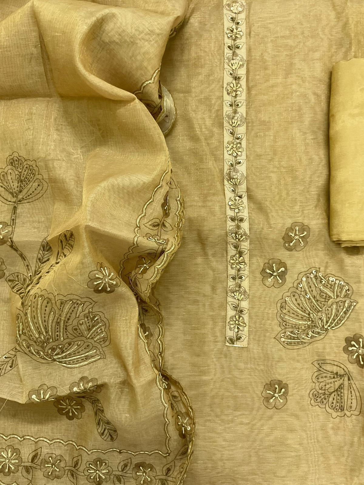 Soft Tissue Slub Cotton Printed Embroidered Suit - Mustard Yellow