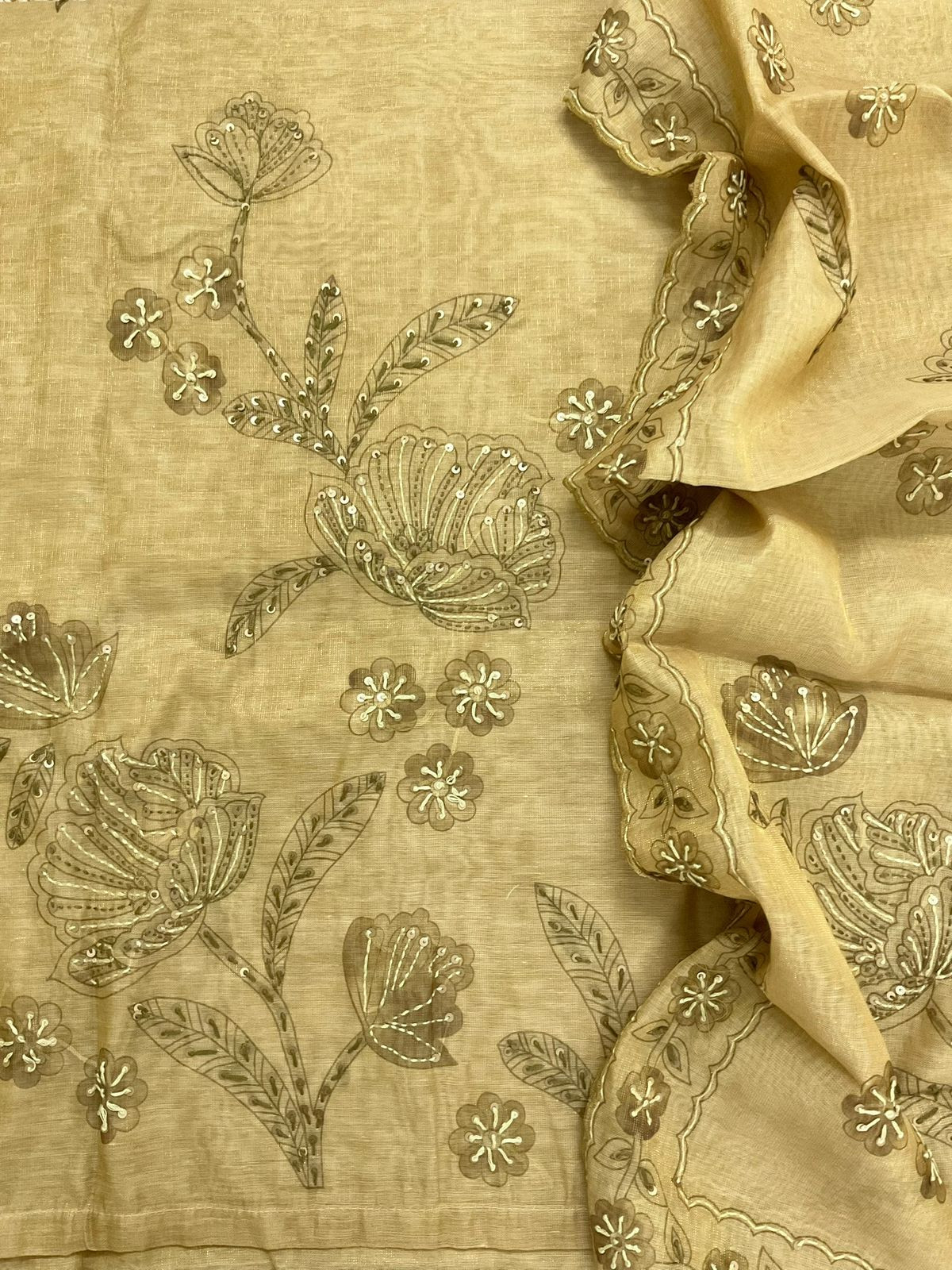 Soft Tissue Slub Cotton Printed Embroidered Suit - Mustard Yellow