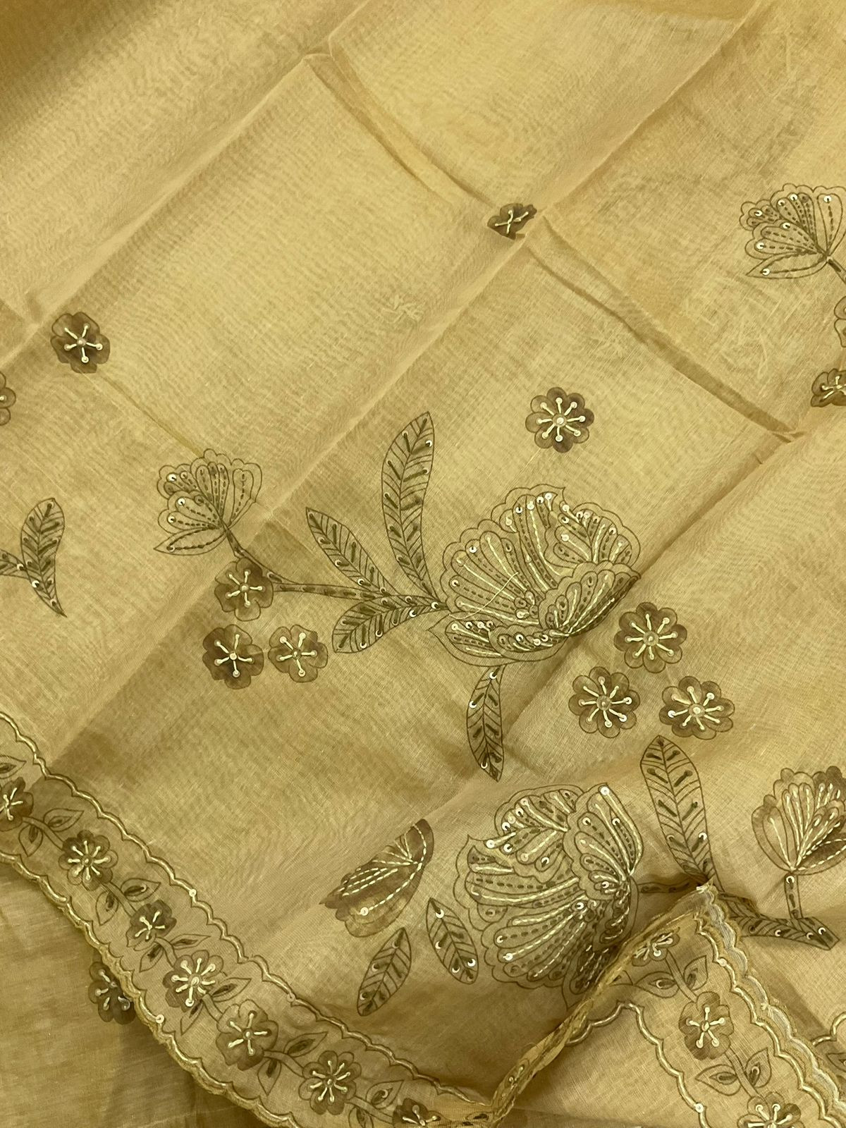 Soft Tissue Slub Cotton Printed Embroidered Suit - Mustard Yellow