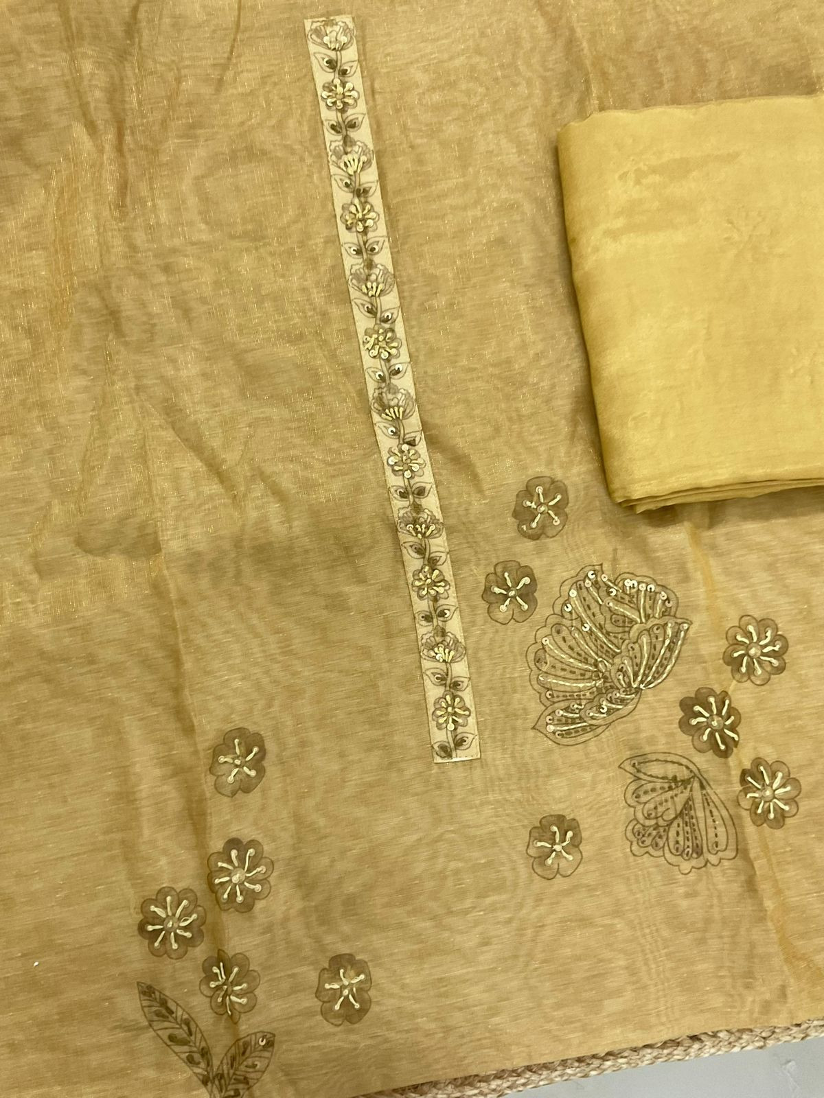 Soft Tissue Slub Cotton Printed Embroidered Suit - Mustard Yellow