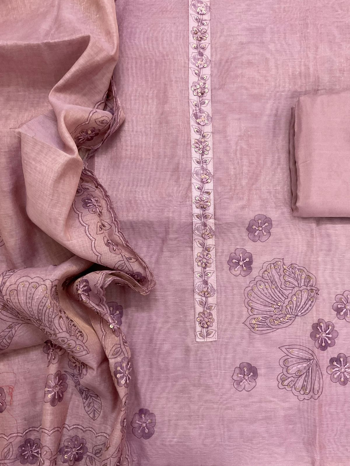 Soft Tissue Slub Cotton Printed Embroidered Suit - Mauve