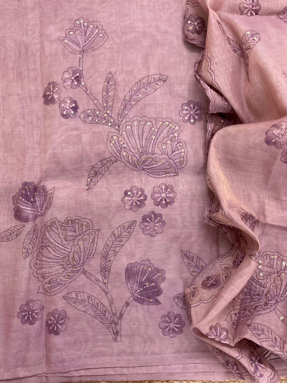Soft Tissue Slub Cotton Printed Embroidered Suit - Mauve