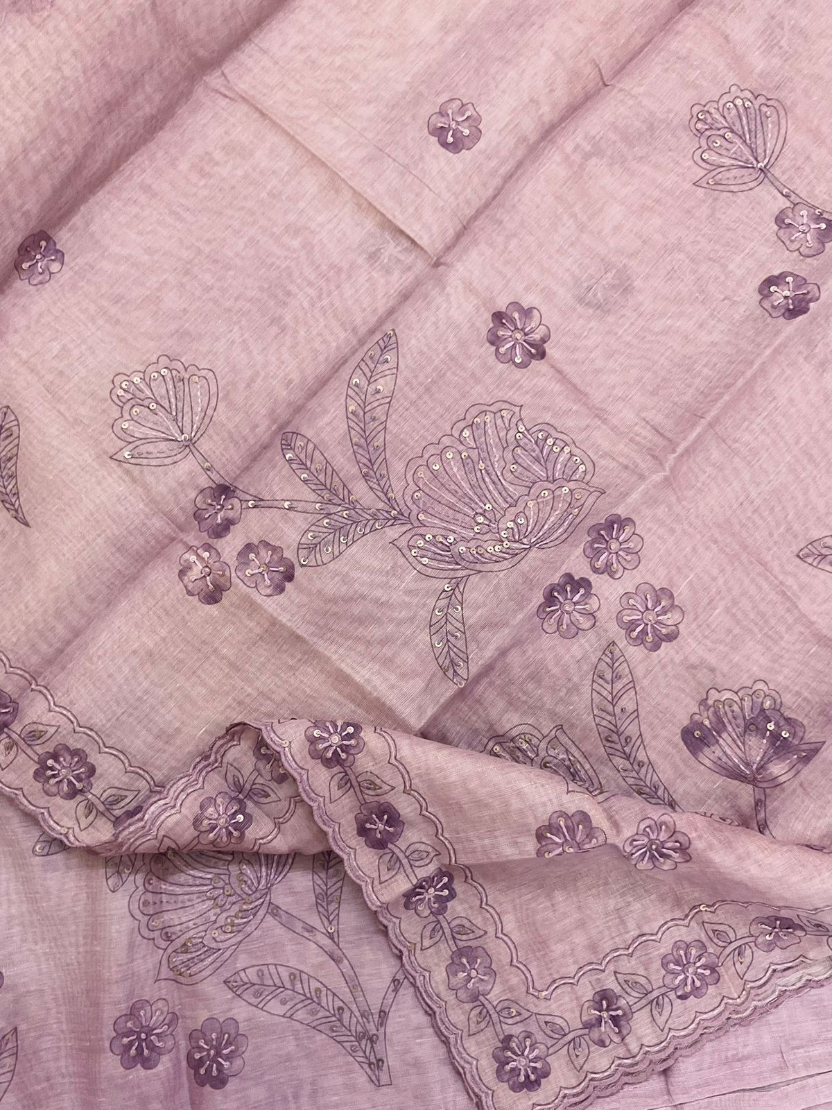 Soft Tissue Slub Cotton Printed Embroidered Suit - Mauve