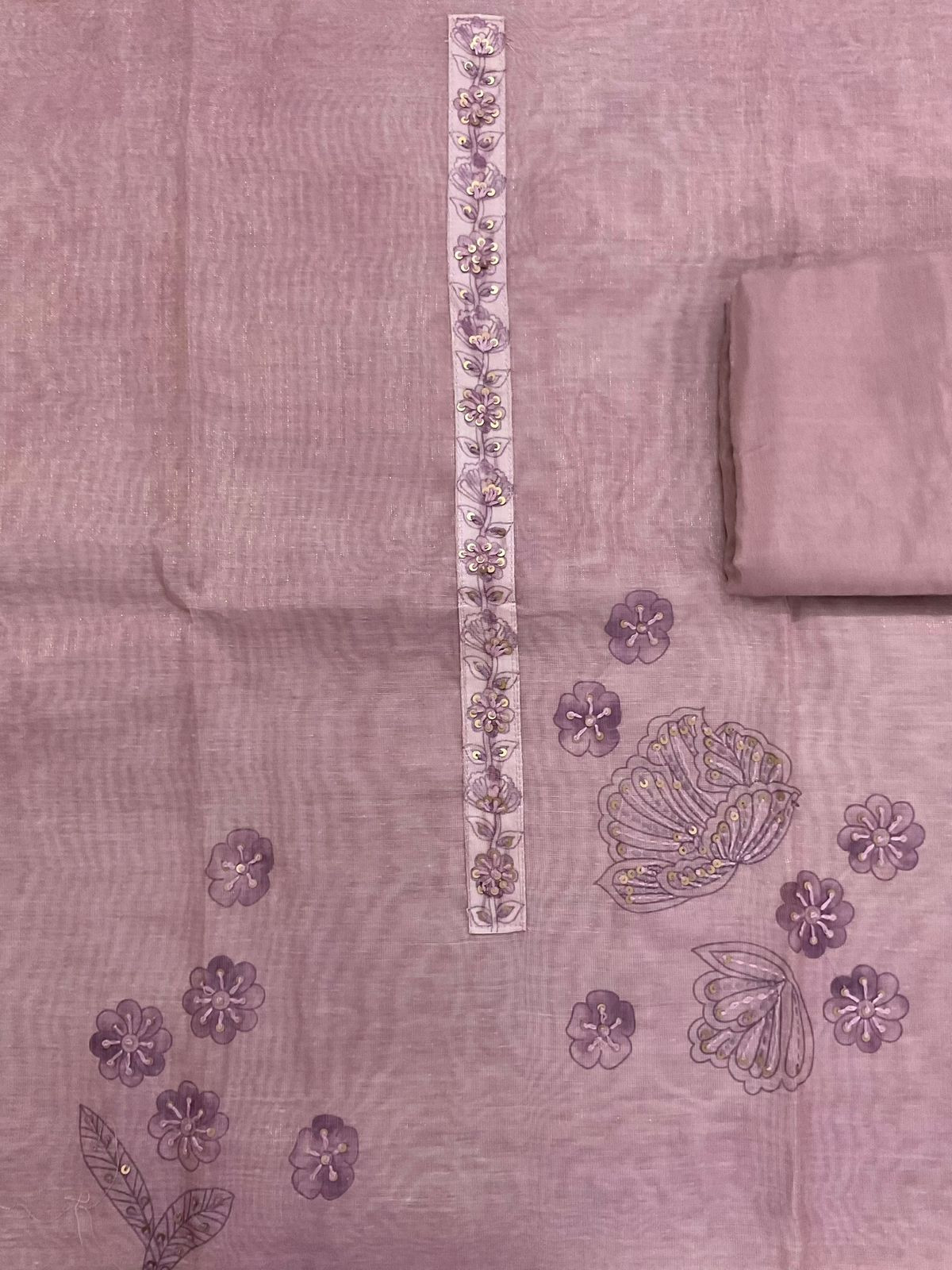 Soft Tissue Slub Cotton Printed Embroidered Suit - Mauve