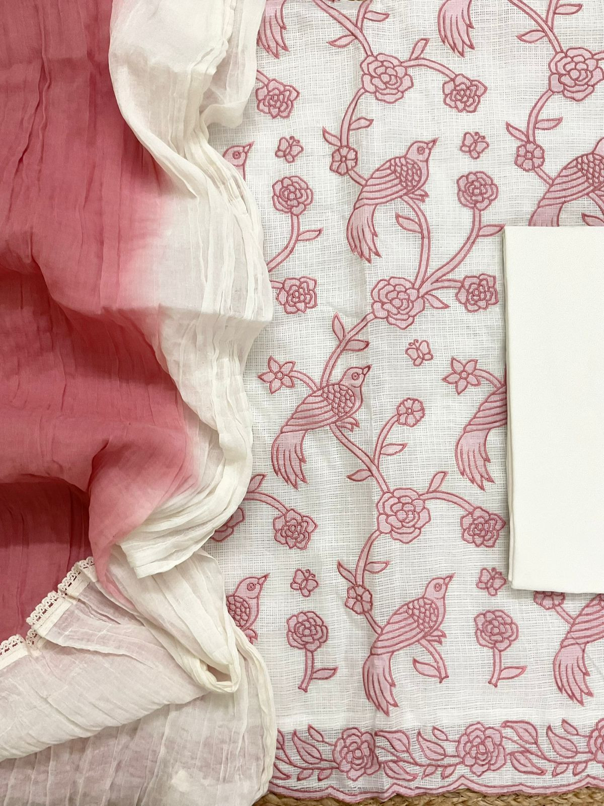 Soft Kota Silk Printed Embroidered Suit - Off White