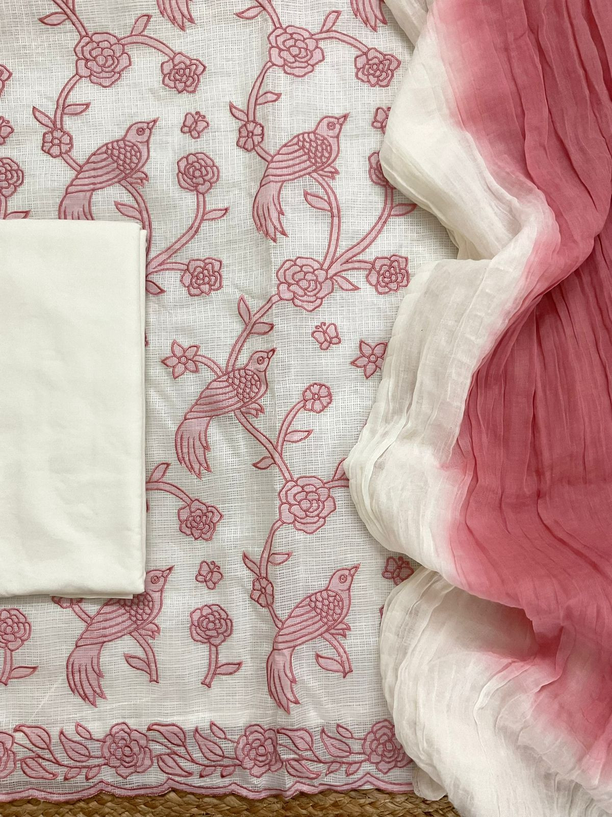 Soft Kota Silk Printed Embroidered Suit - Off White