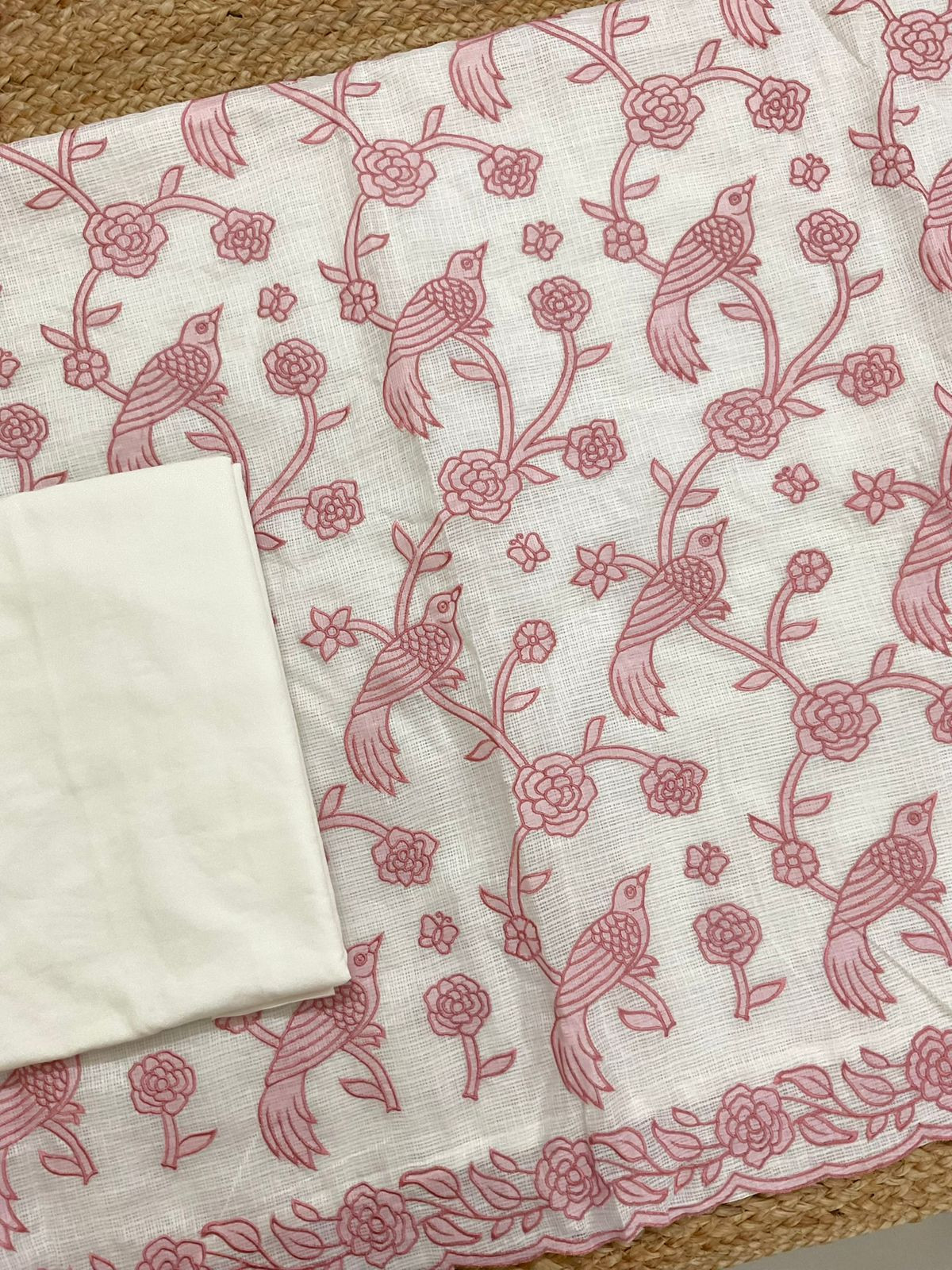 Soft Kota Silk Printed Embroidered Suit - Off White