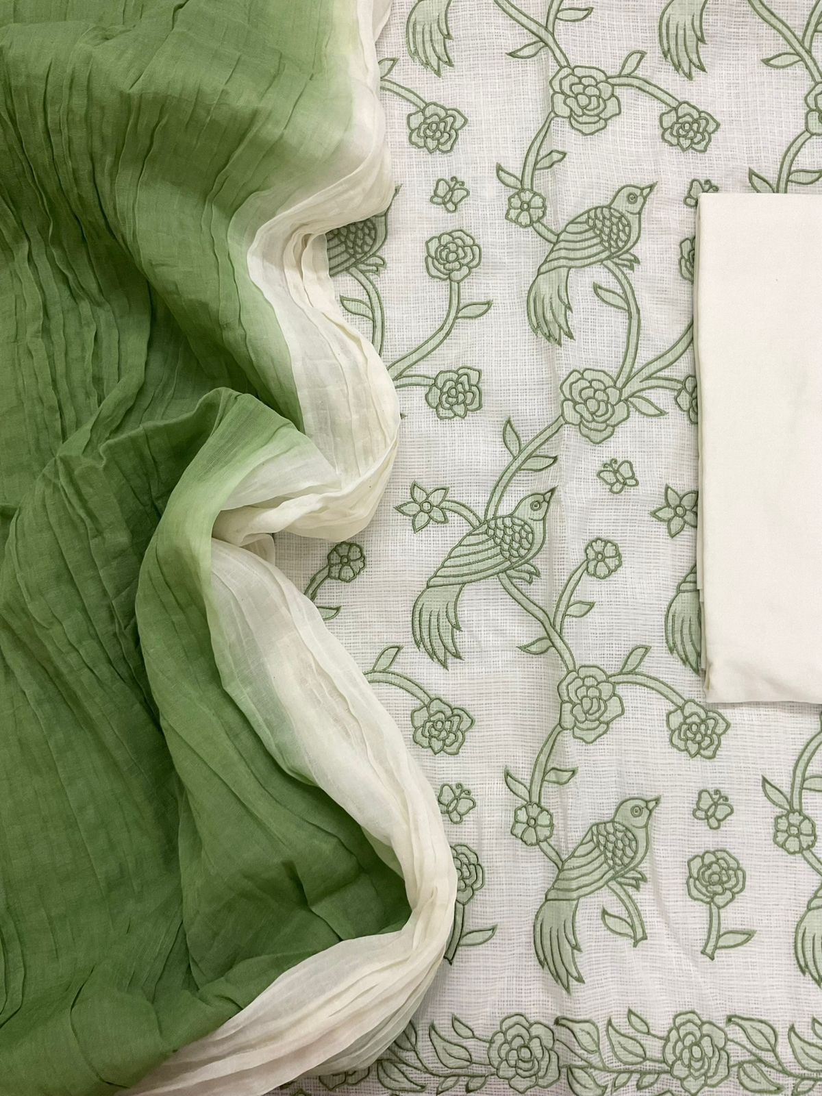 Soft Kota Silk Printed Embroidered Suit - Off White