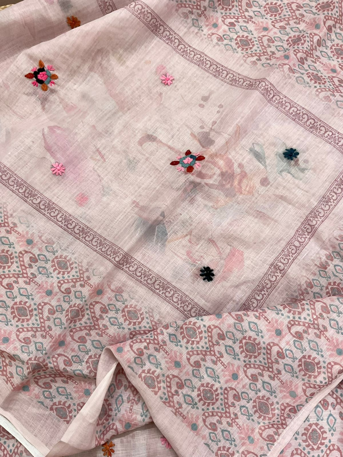 Soft Linen Jute Cotton Embroidered Suit - Onion Pink