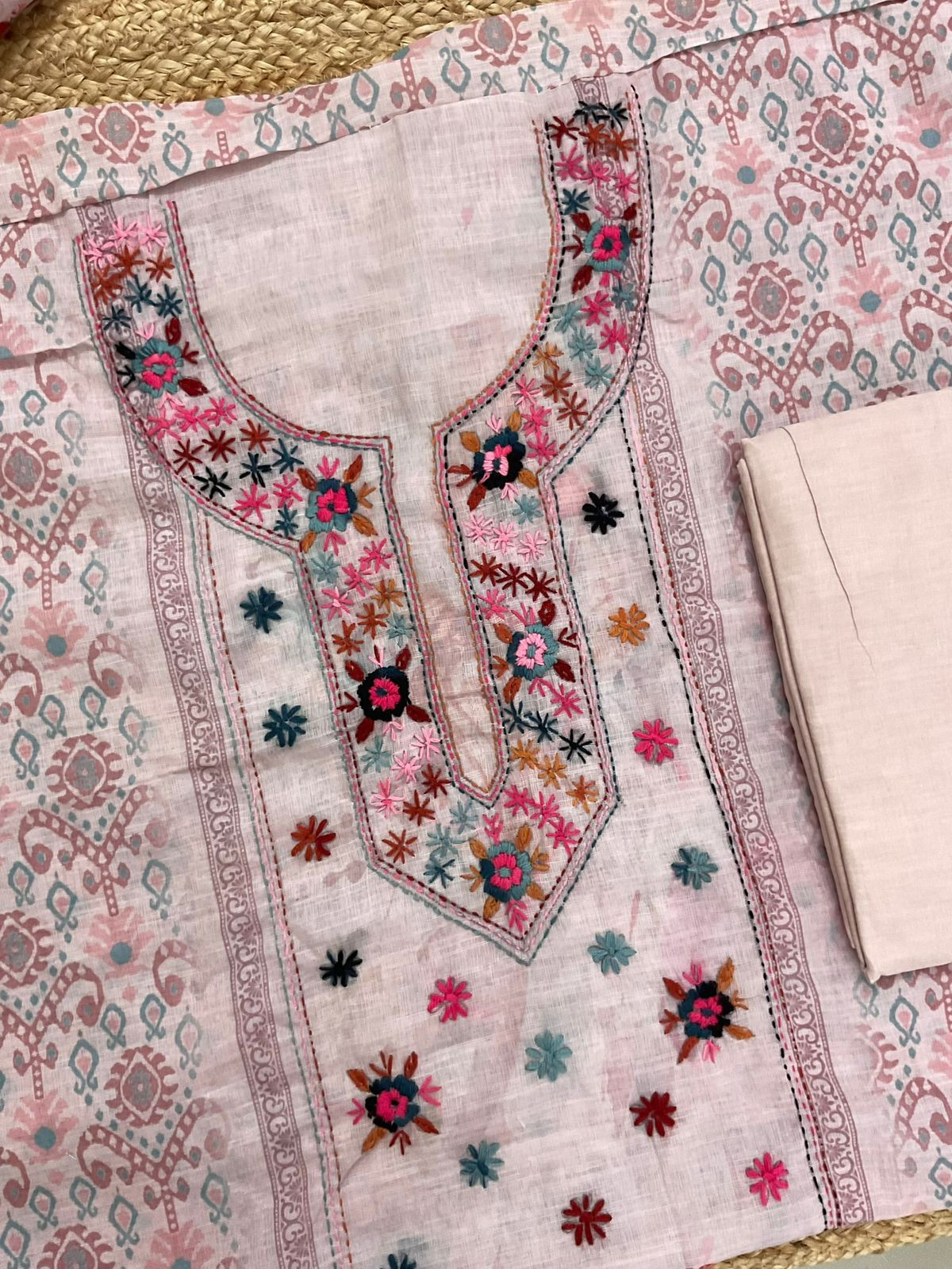 Soft Linen Jute Cotton Embroidered Suit - Onion Pink