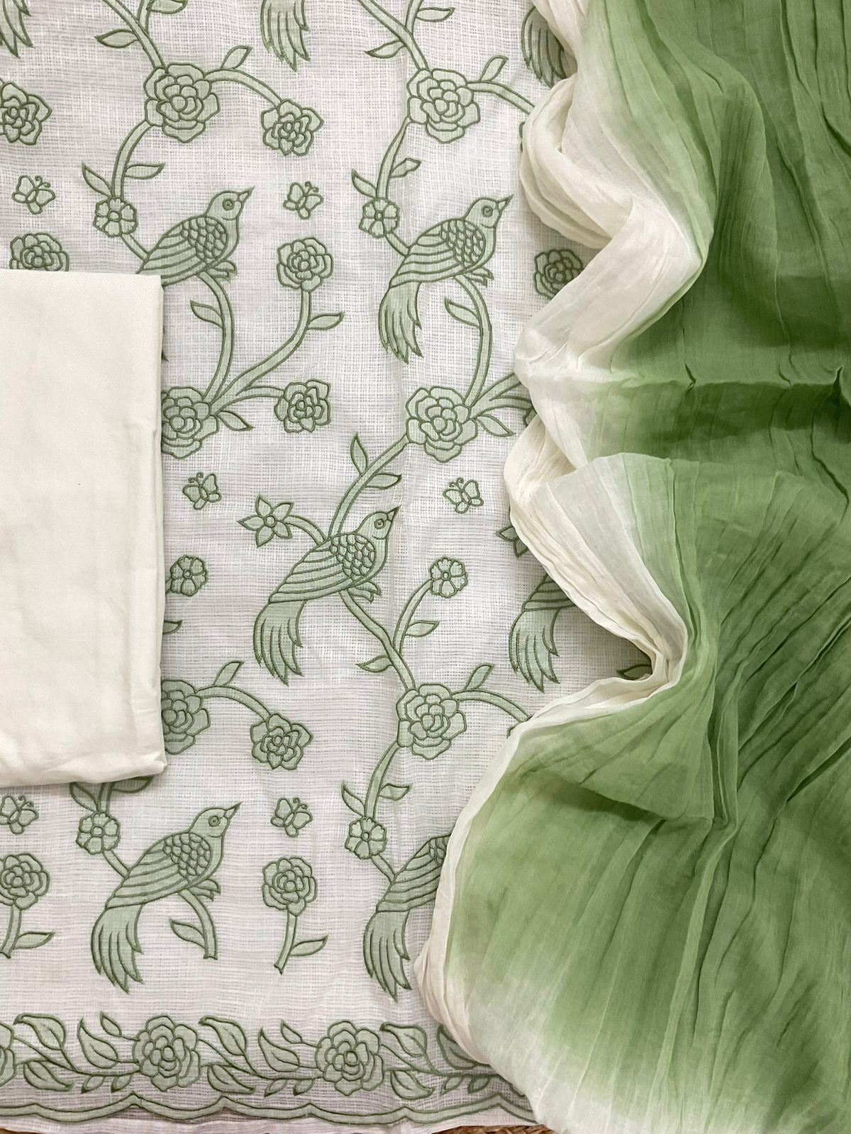 Soft Kota Silk Printed Embroidered Suit - Off White