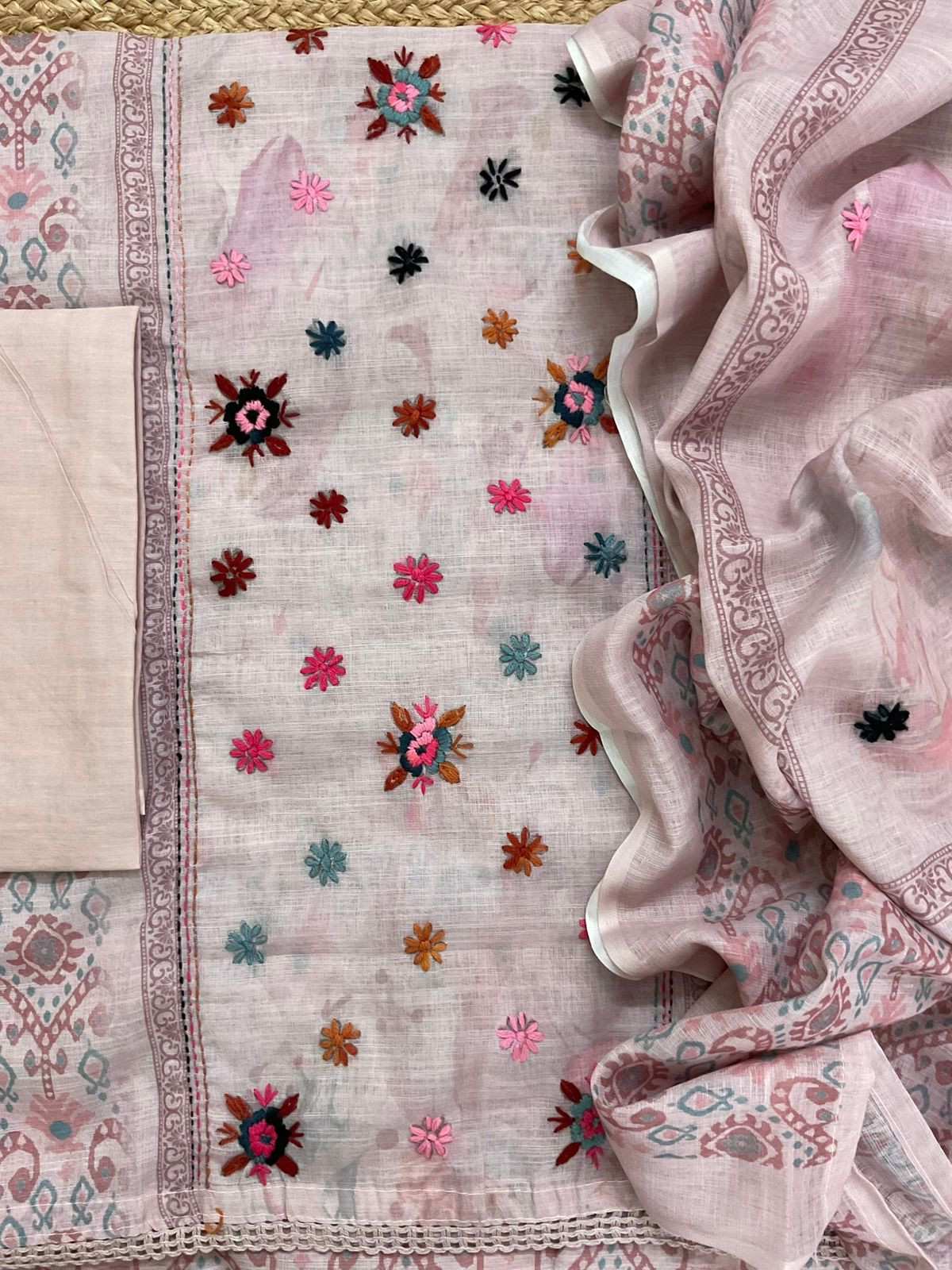Soft Linen Jute Cotton Embroidered Suit - Onion Pink