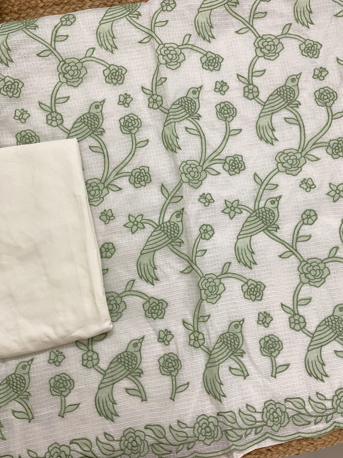 Soft Kota Silk Printed Embroidered Suit - Off White