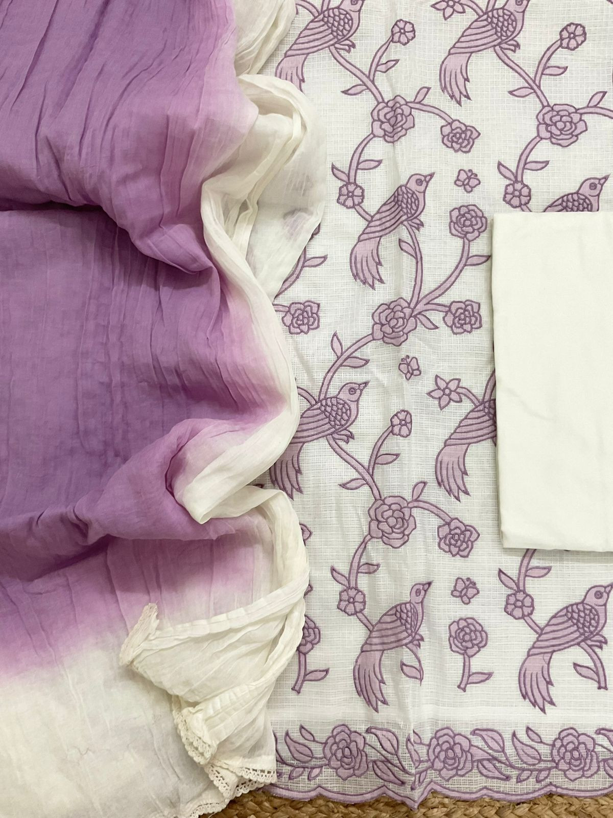 Soft Kota Silk Printed Embroidered Suit - Off White